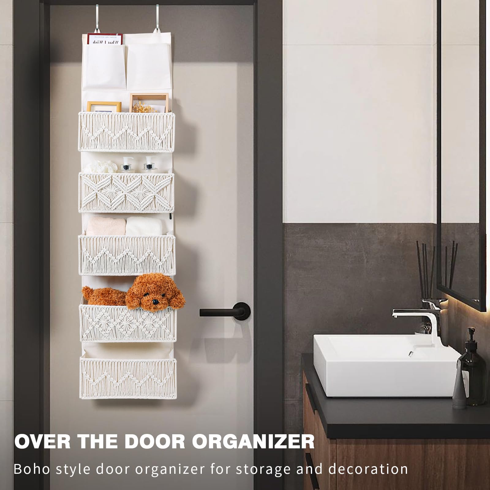 ANTIS'S HOME towels and toiletries neatly stored in a door pocket system.
