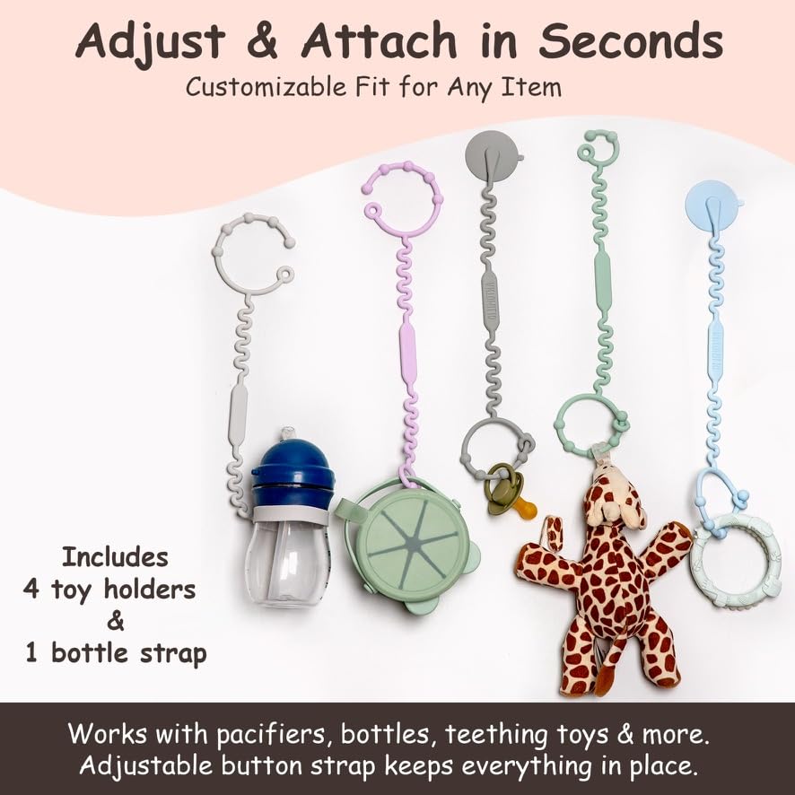 ANTOMILIO silicone baby toy straps shown as pacifier leash for quick grab-and-go