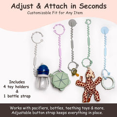 ANTOMILIO silicone baby toy straps shown as pacifier leash for quick grab-and-go
