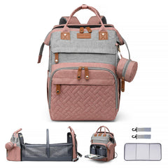 ANWTOTU diaper bag backpack front view in pink-grey with quick-access pockets.