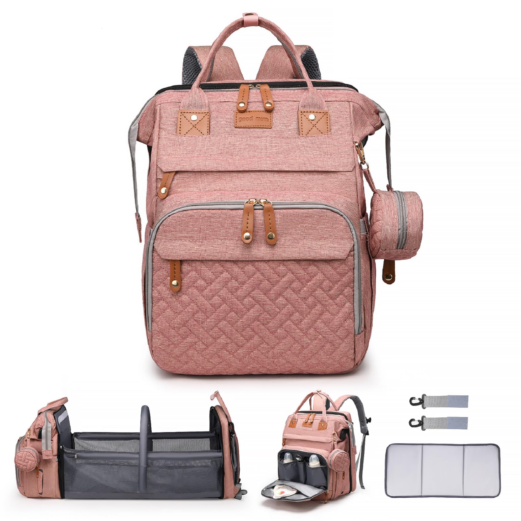 ANWTOTU diaper bag backpack front view pink keeps essentials within easy reach.