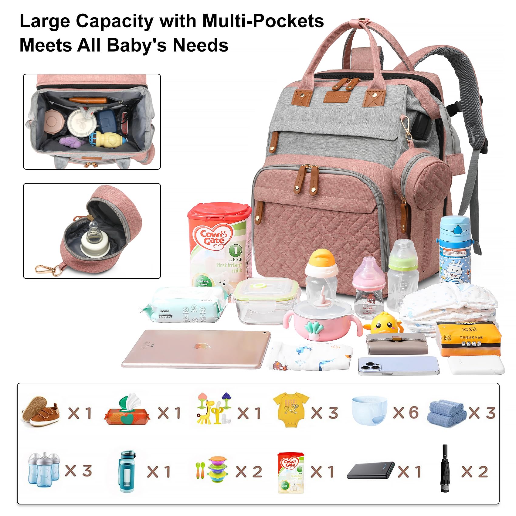 ANWTOTOTU diaper bag insulated bottle pockets keep milk at the right temperature.