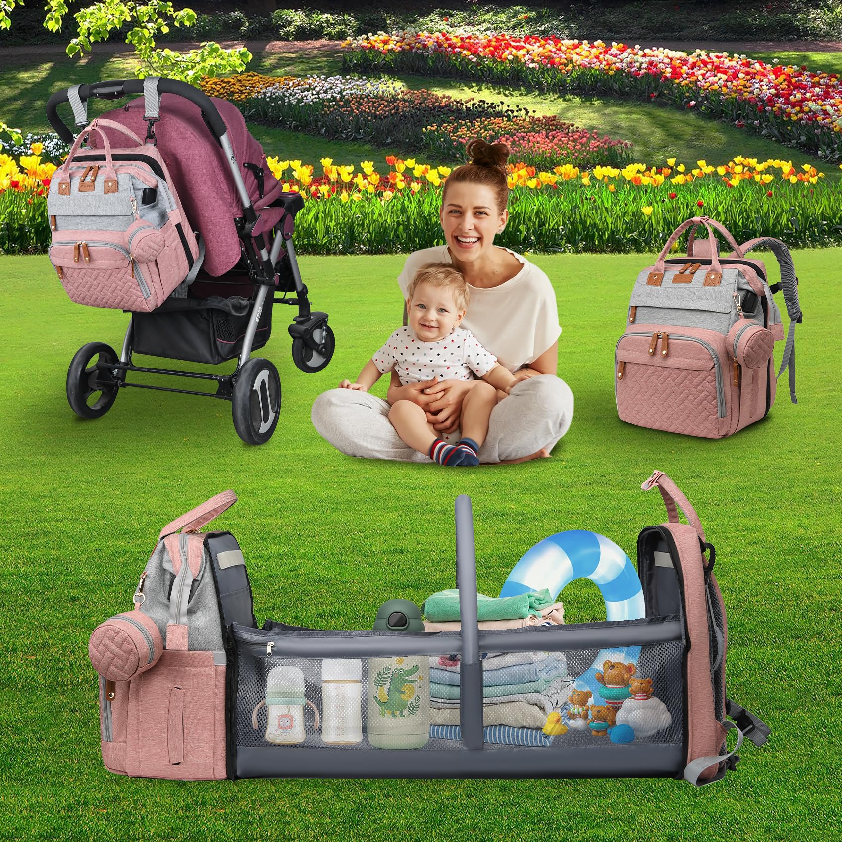 ANWTOTU diaper bag stroller buckles enable hands-free travel with a child.