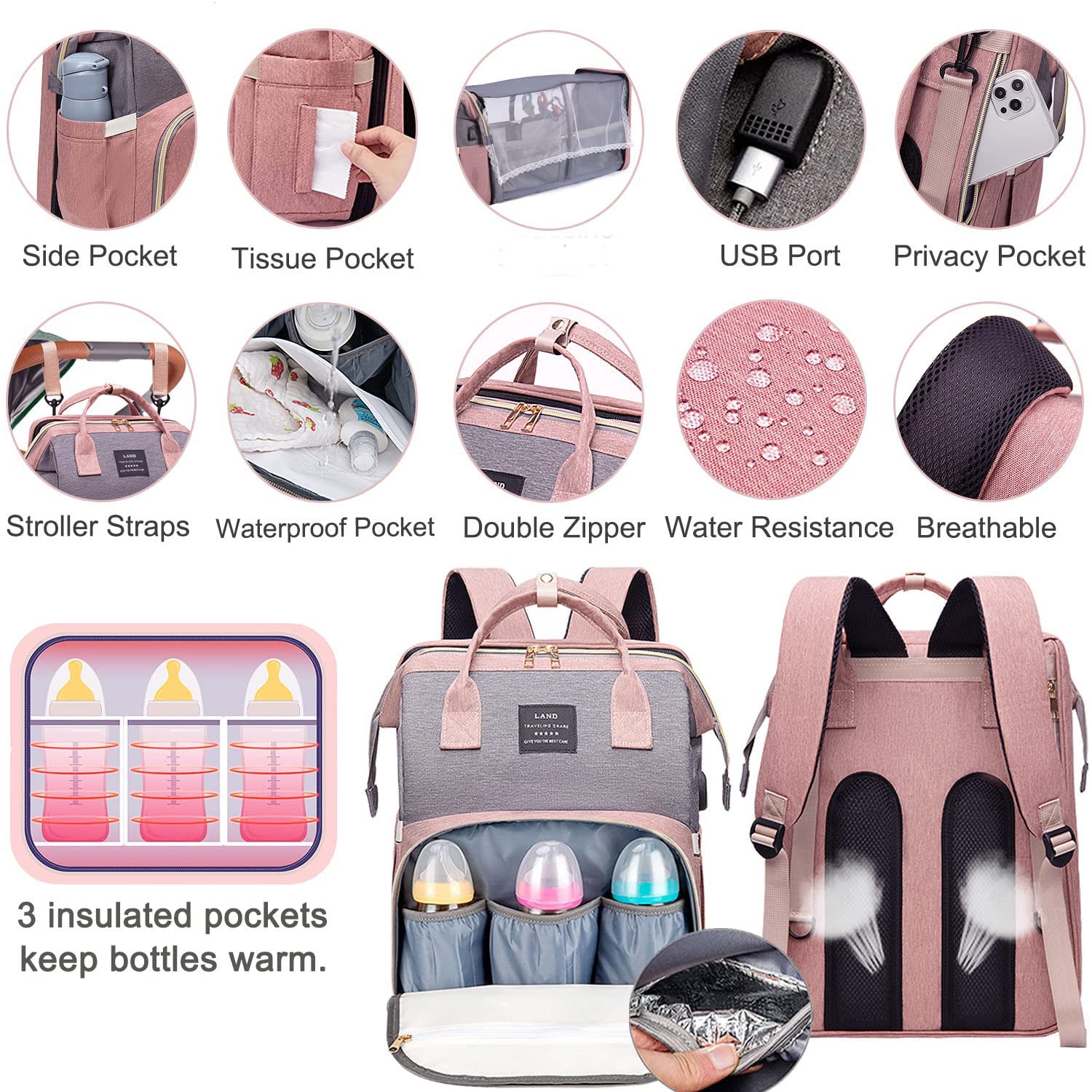 ANWTOTU diaper bag with insulated bottle pockets enables on-the-go feedings
