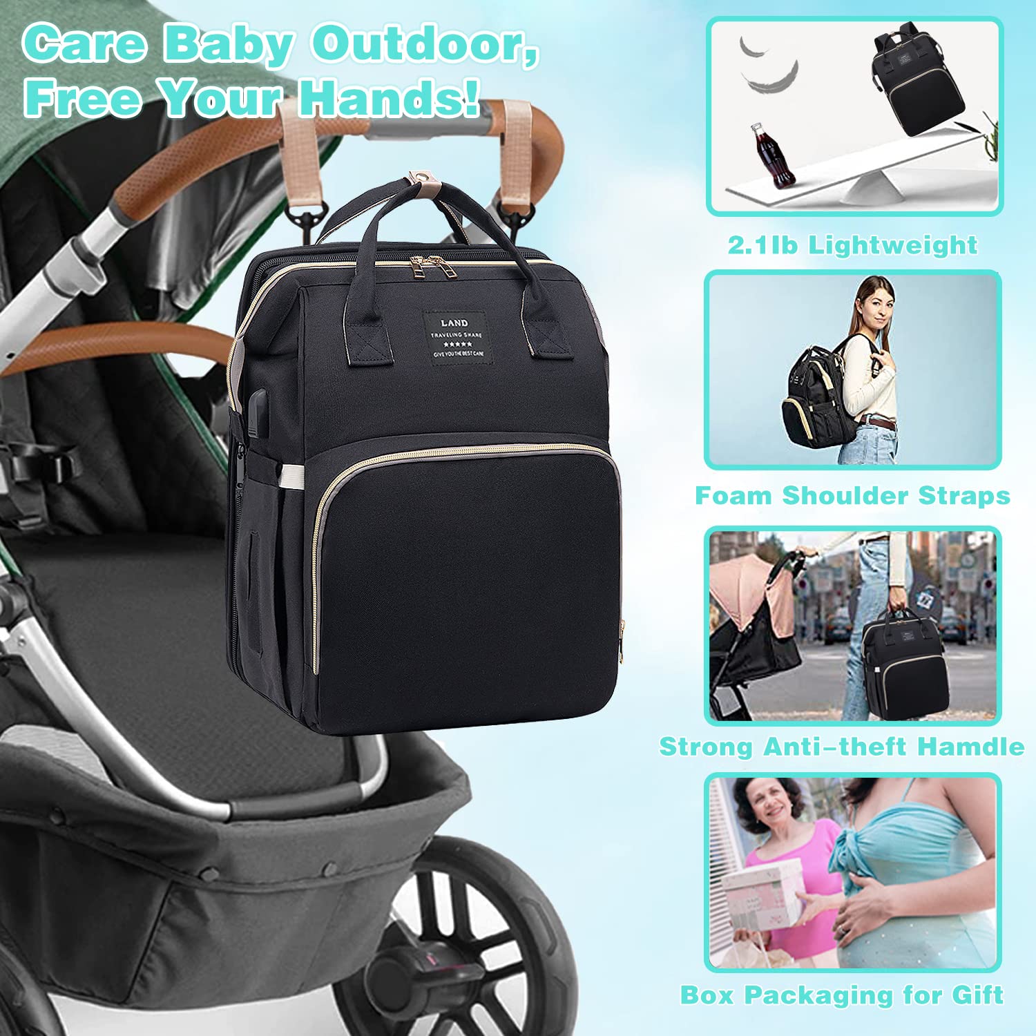 ANWTOTU diaper bag pram mount option for hands-free cruising.