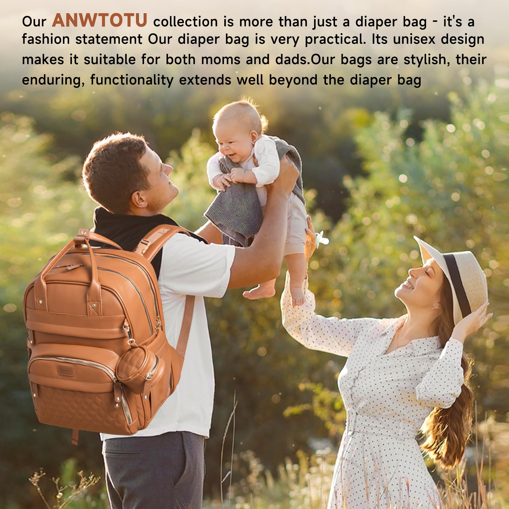 ANWTOTU wide-opening compartments allow quick retrieval of wipes, bottles, and keys.