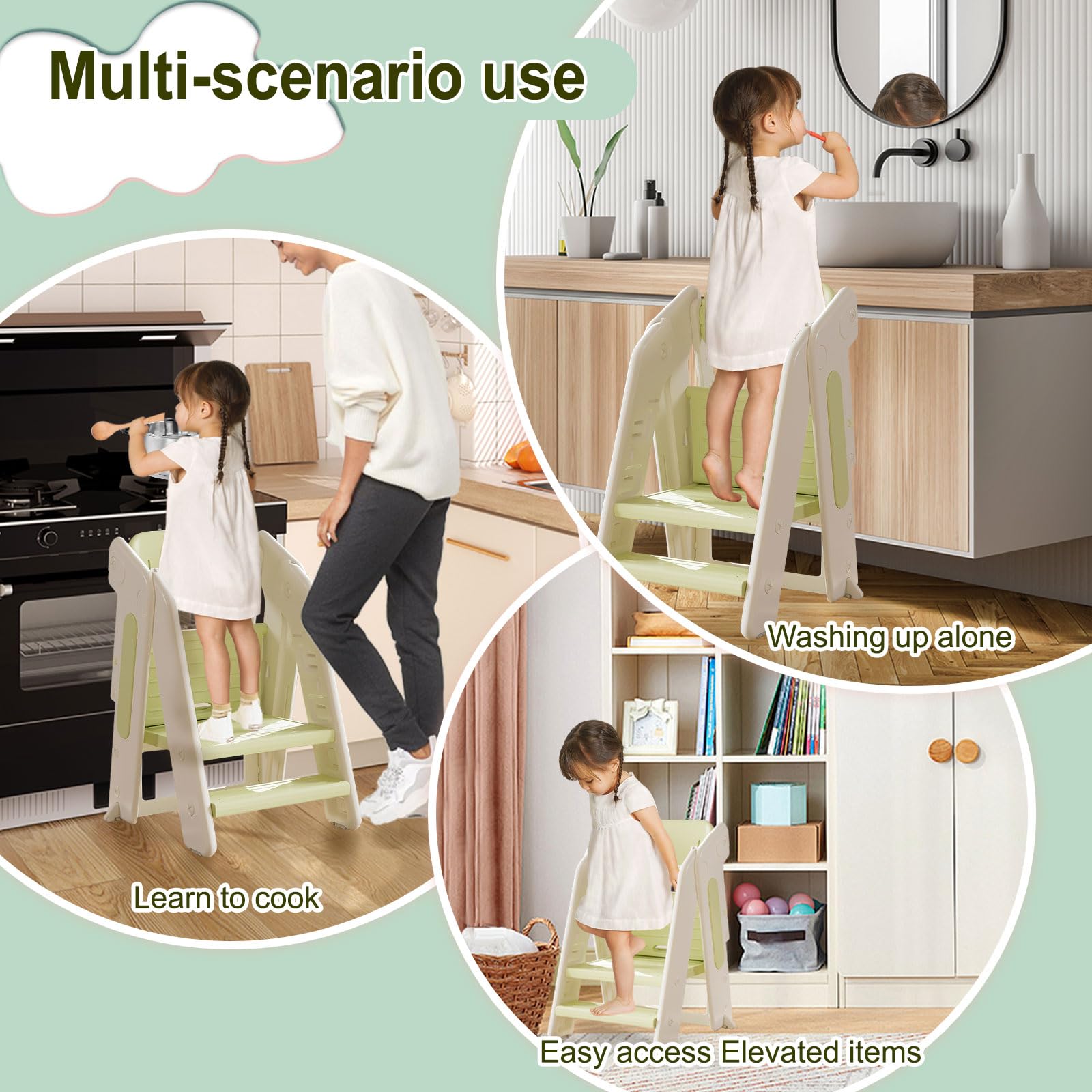 Anxeit Toddler Tower in khaki grey blends with kitchen decor.