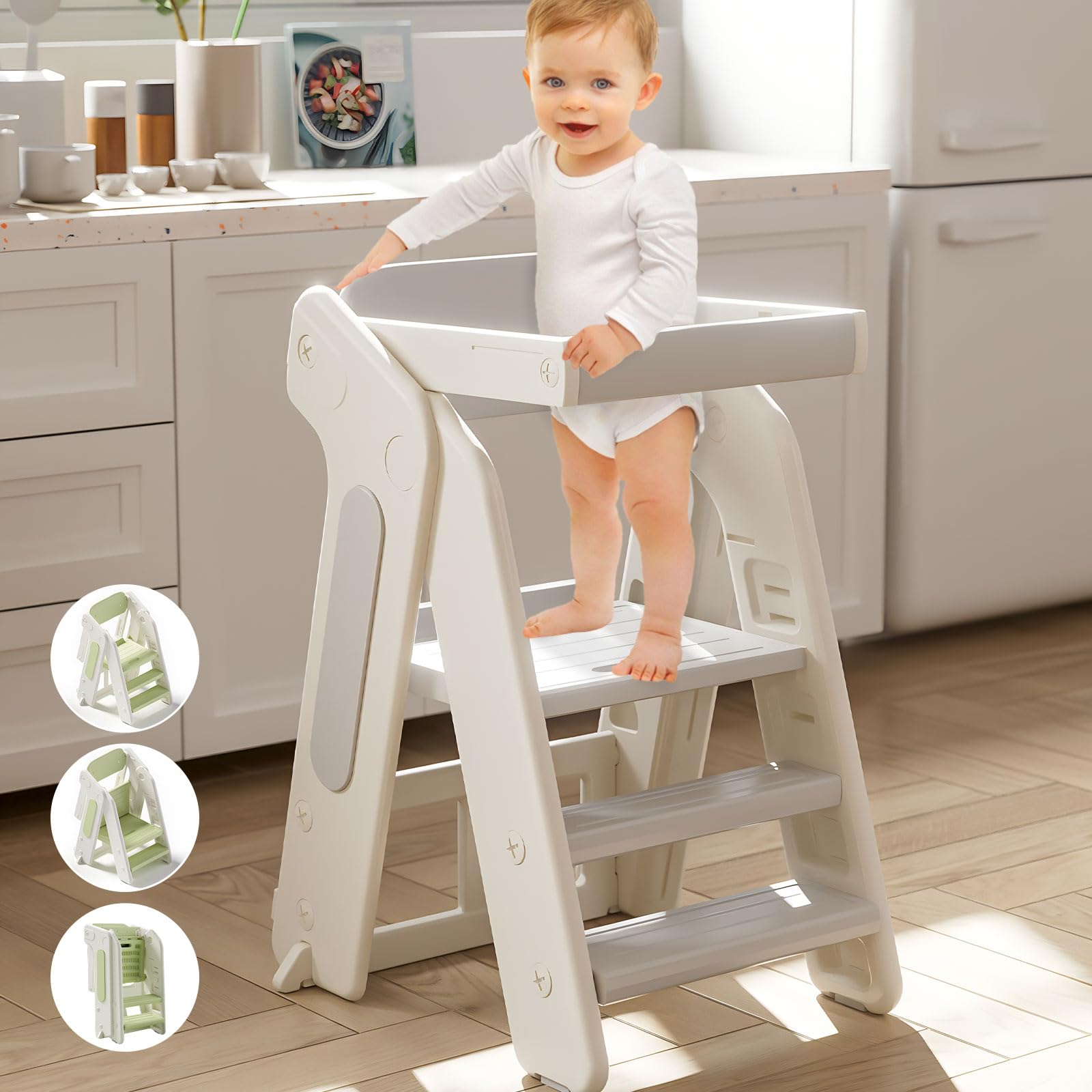 Anxeit Toddler Tower folded base shows compact storage for small spaces