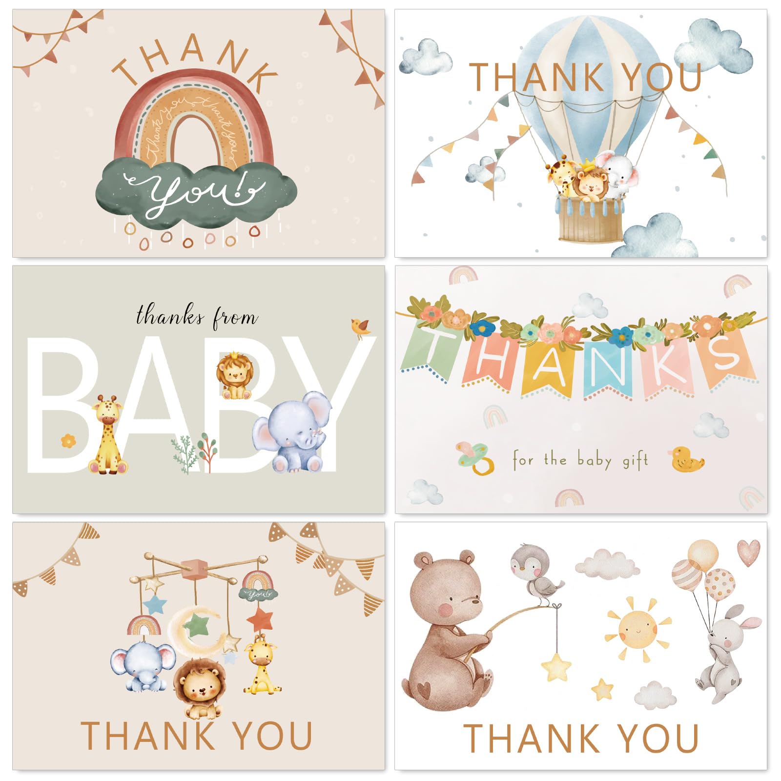 AnyDesign baby shower thank you card with boho rainbow and animals, ideal for personal notes.