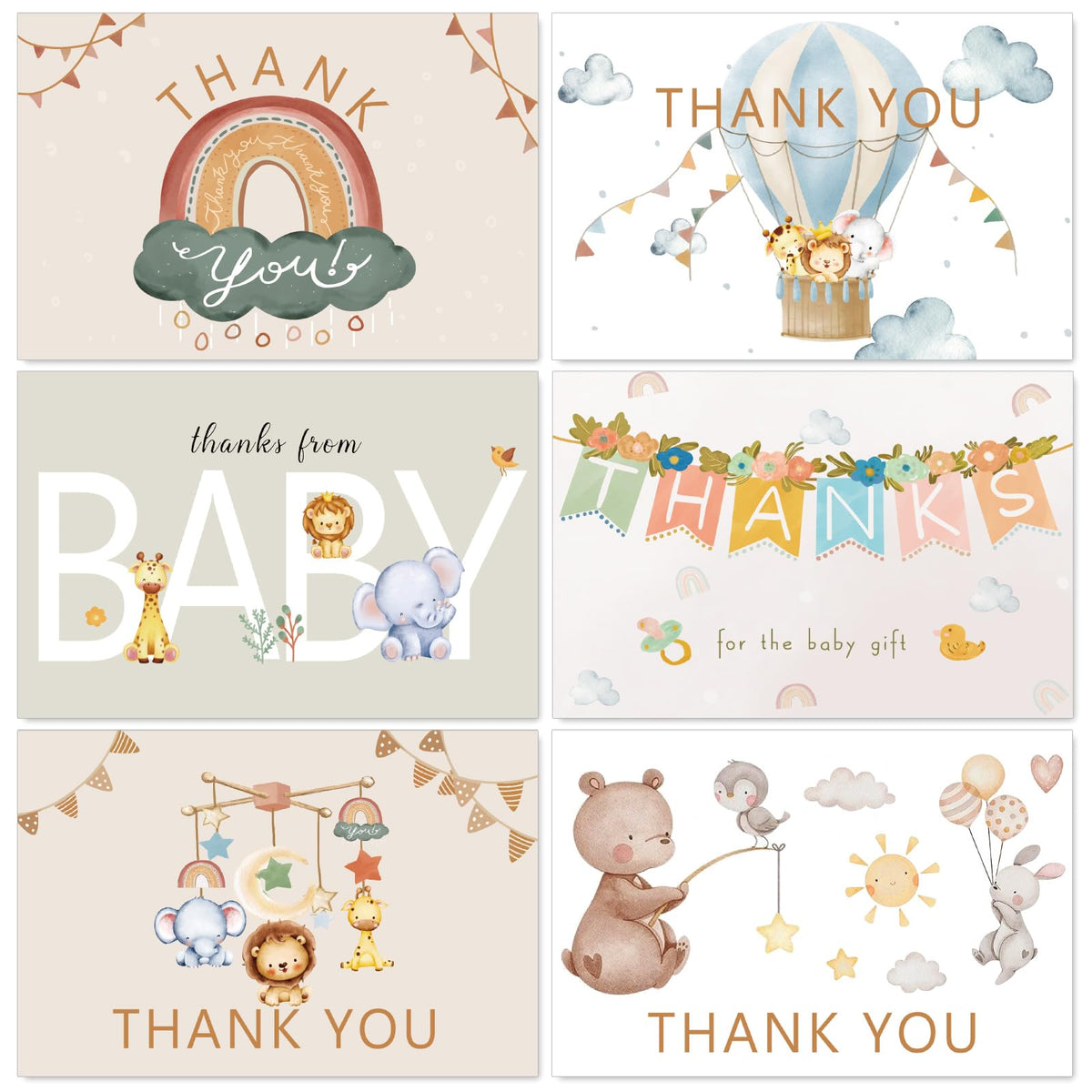AnyDesign baby shower thank you card with boho rainbow and animals, ideal for personal notes.