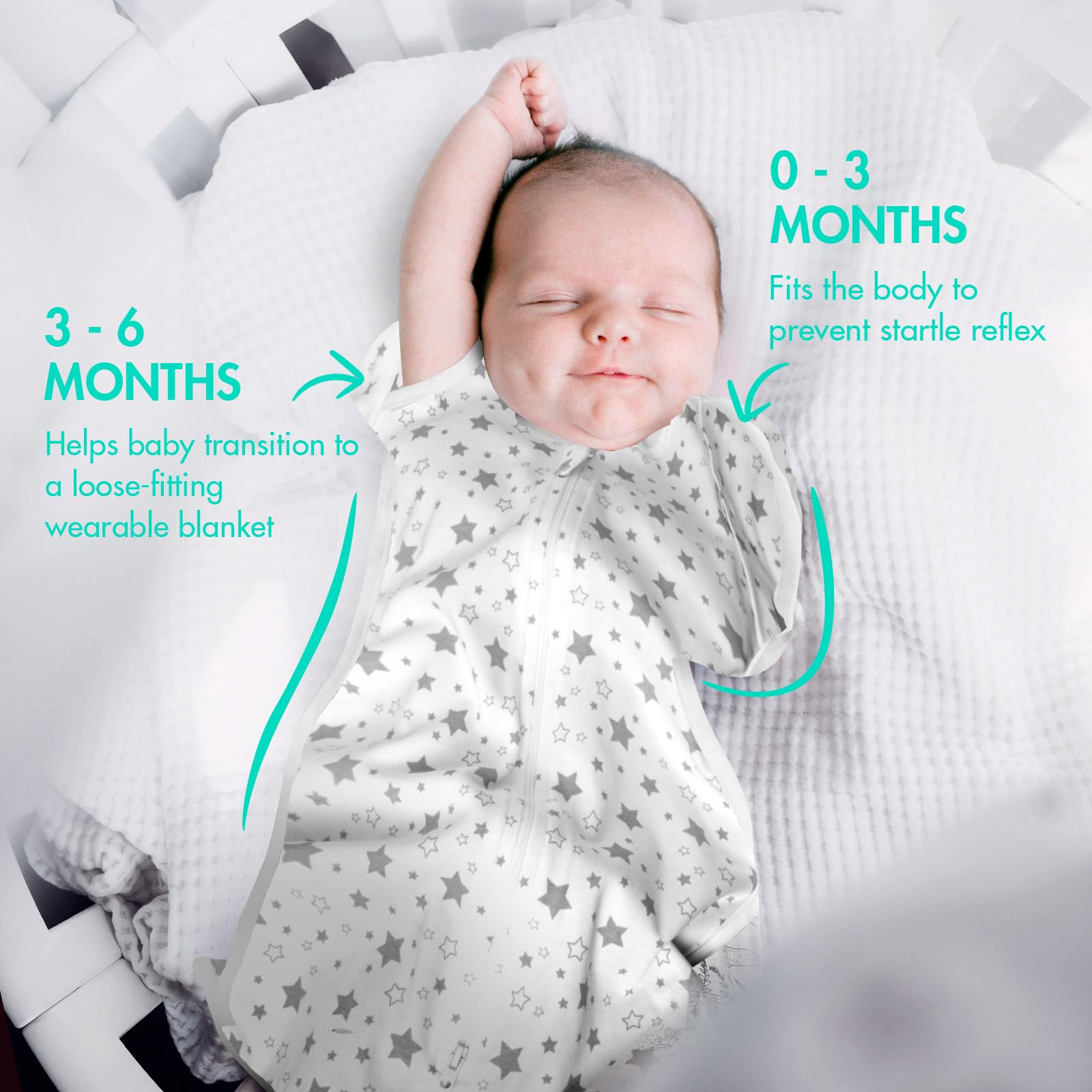 ANYEDDE swaddle sleep sack gray stars shown during diaper-change-ready side view.