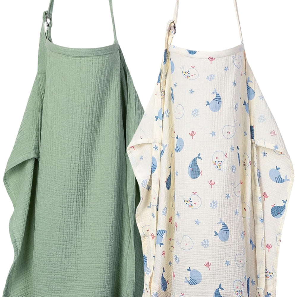 ANYEDDE nursing cover with arch neckline and green whale print enables discreet feeding.