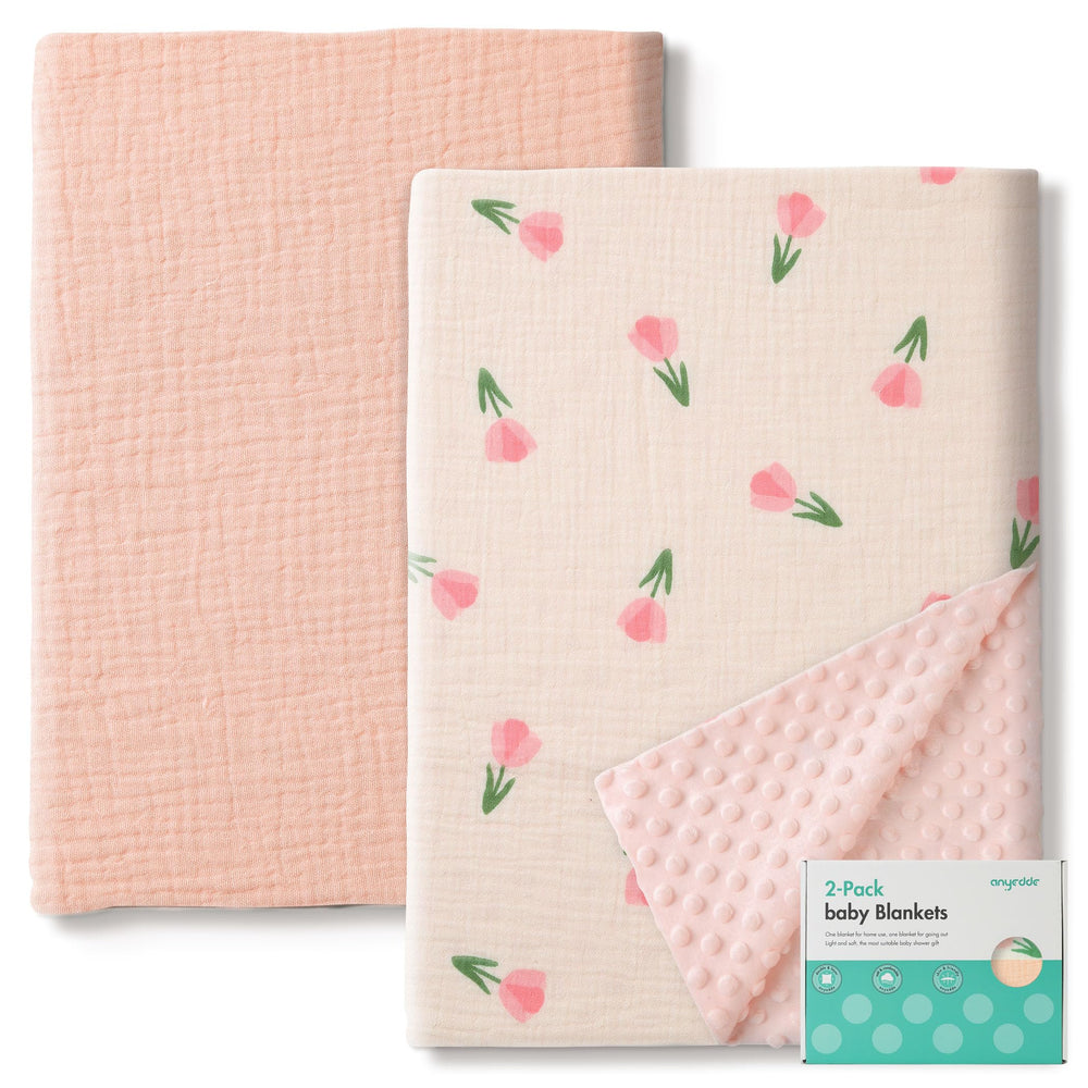 ANYEDDE pink floral muslin cotton and Minky dot blanket provides gentle newborn comfort.