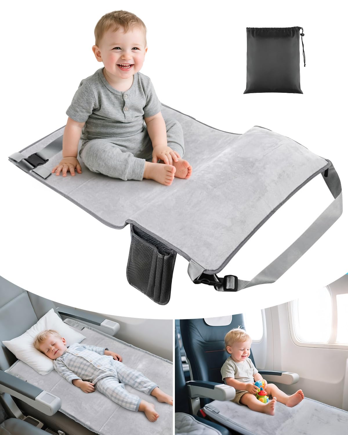 ANYSWEET toddler airplane bed shows extended-seat-space for comfortable flight sleep