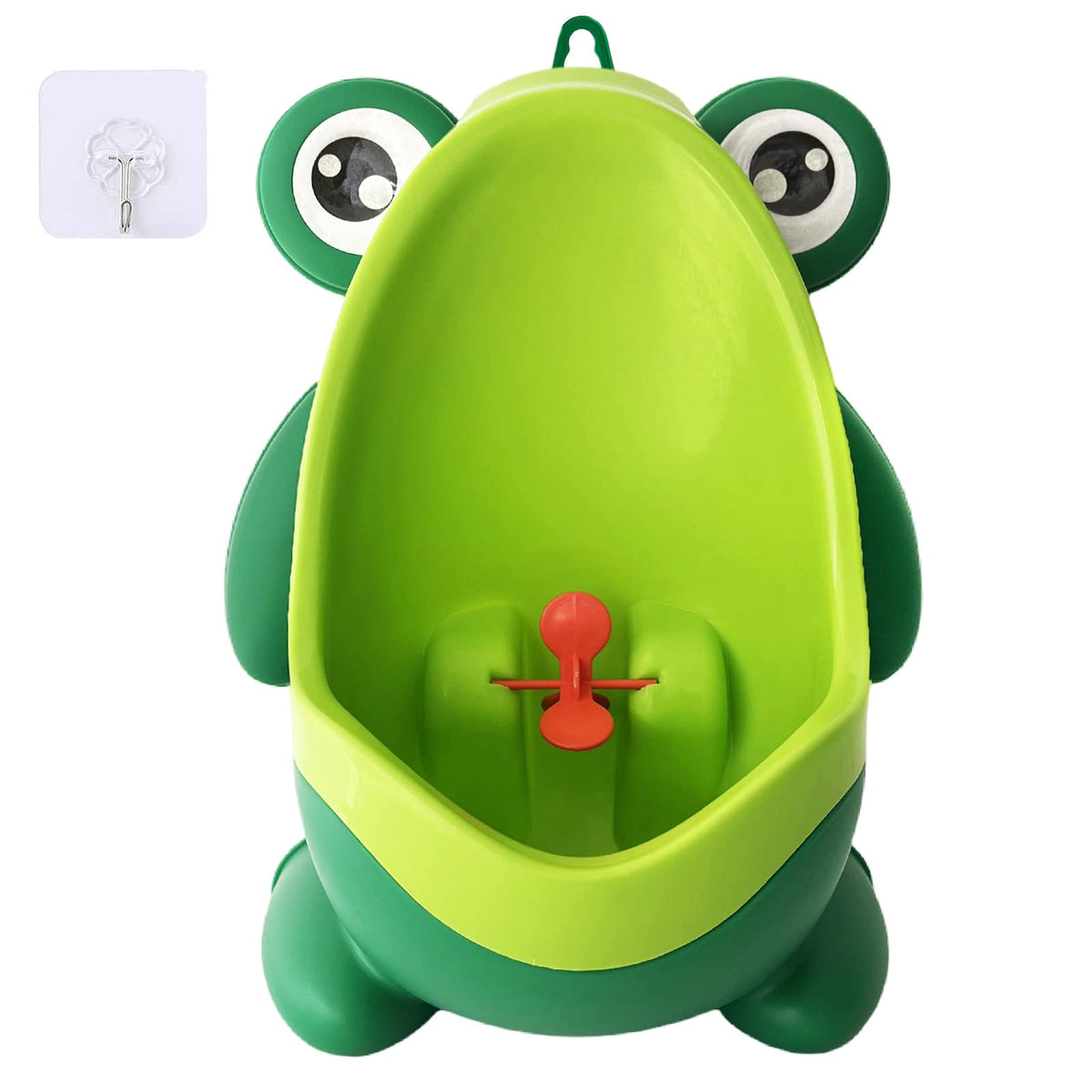 Anyumocz frog-urinal package shows included hook for simple wall mounting.