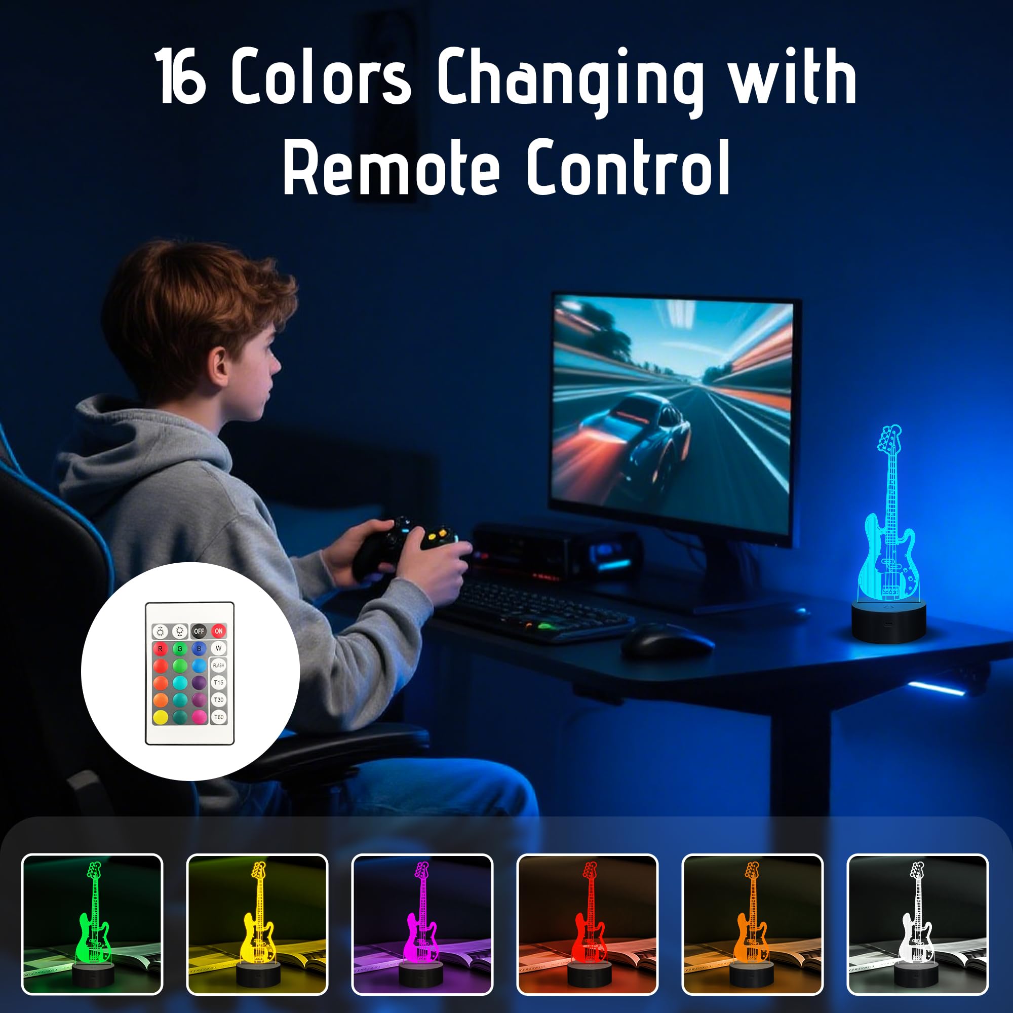 Anywin guitar night light USB-powered design fits desks, dorms, and small spaces.