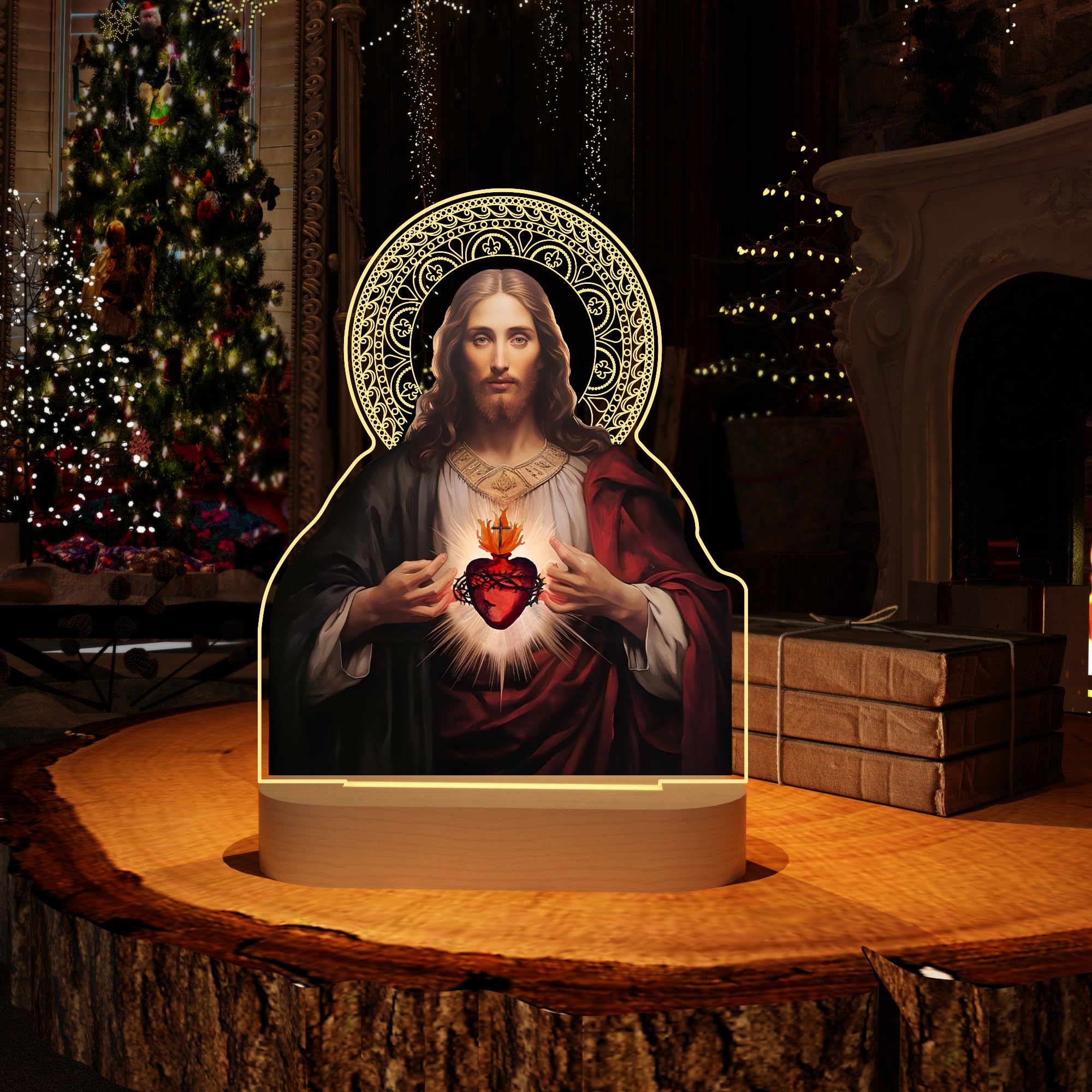 Anywin sacred-heart-jesus-night-light-halo-detail laser-engraved halo adds sacred artistry