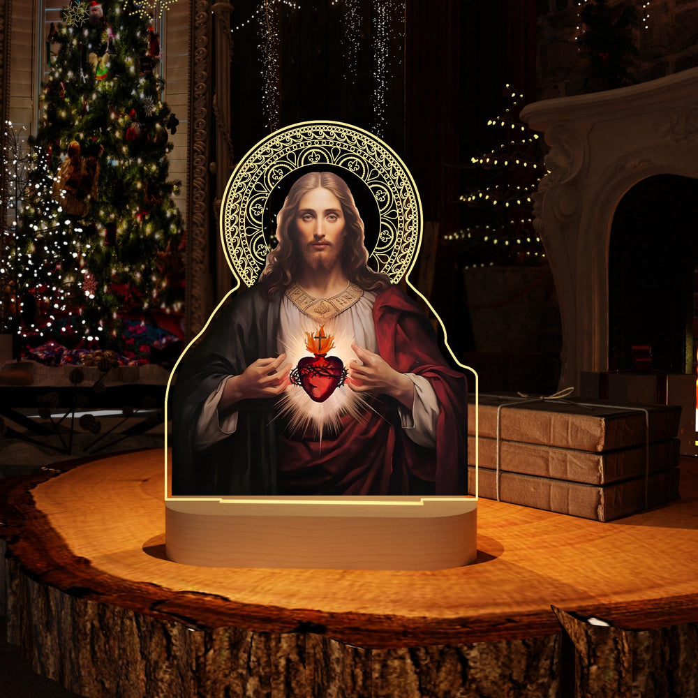 Anywin sacred-heart-jesus-night-light-halo-detail laser-engraved halo adds sacred artistry