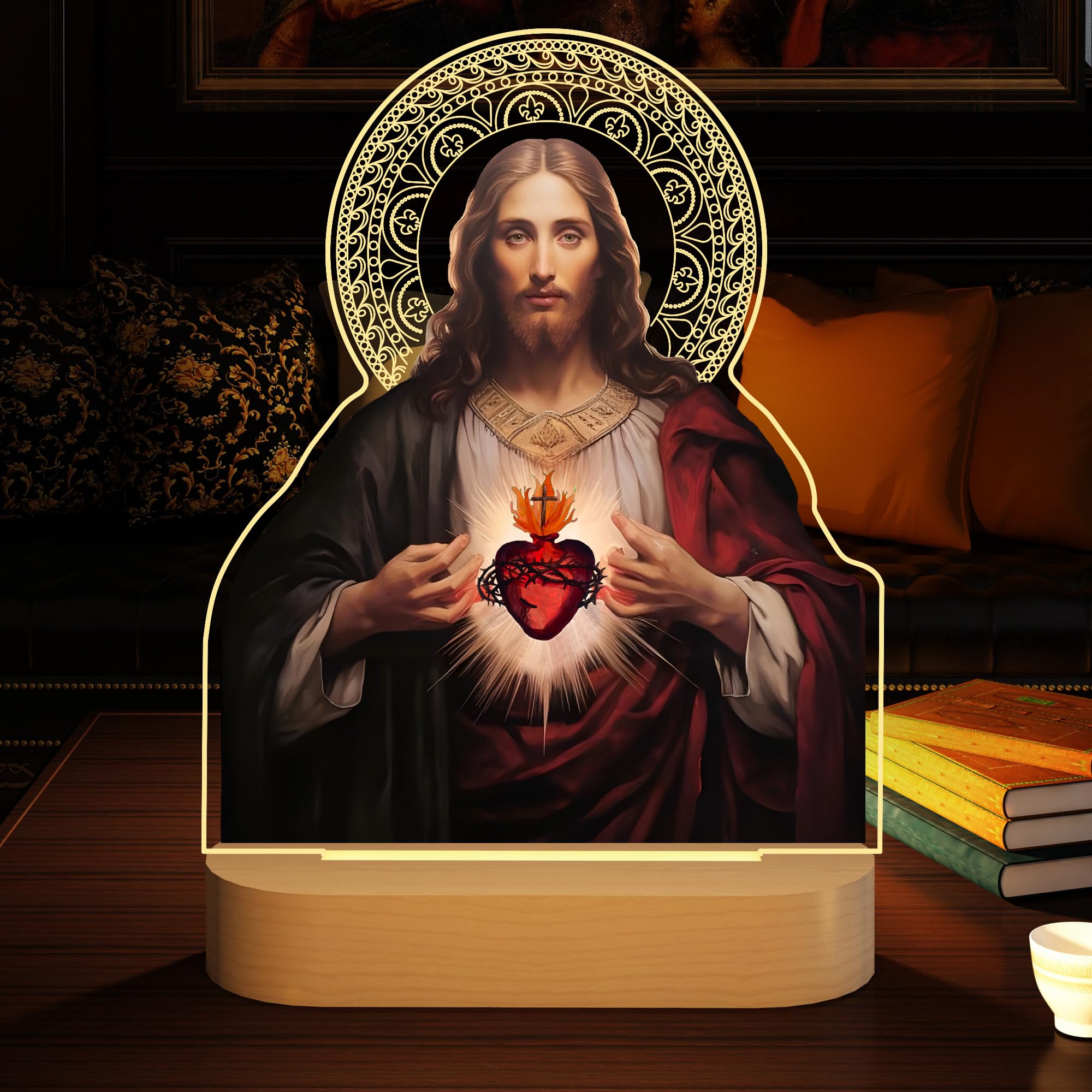 Anywin sacred-heart-jesus-night-light-uv-panel creates dimensional depth when layered