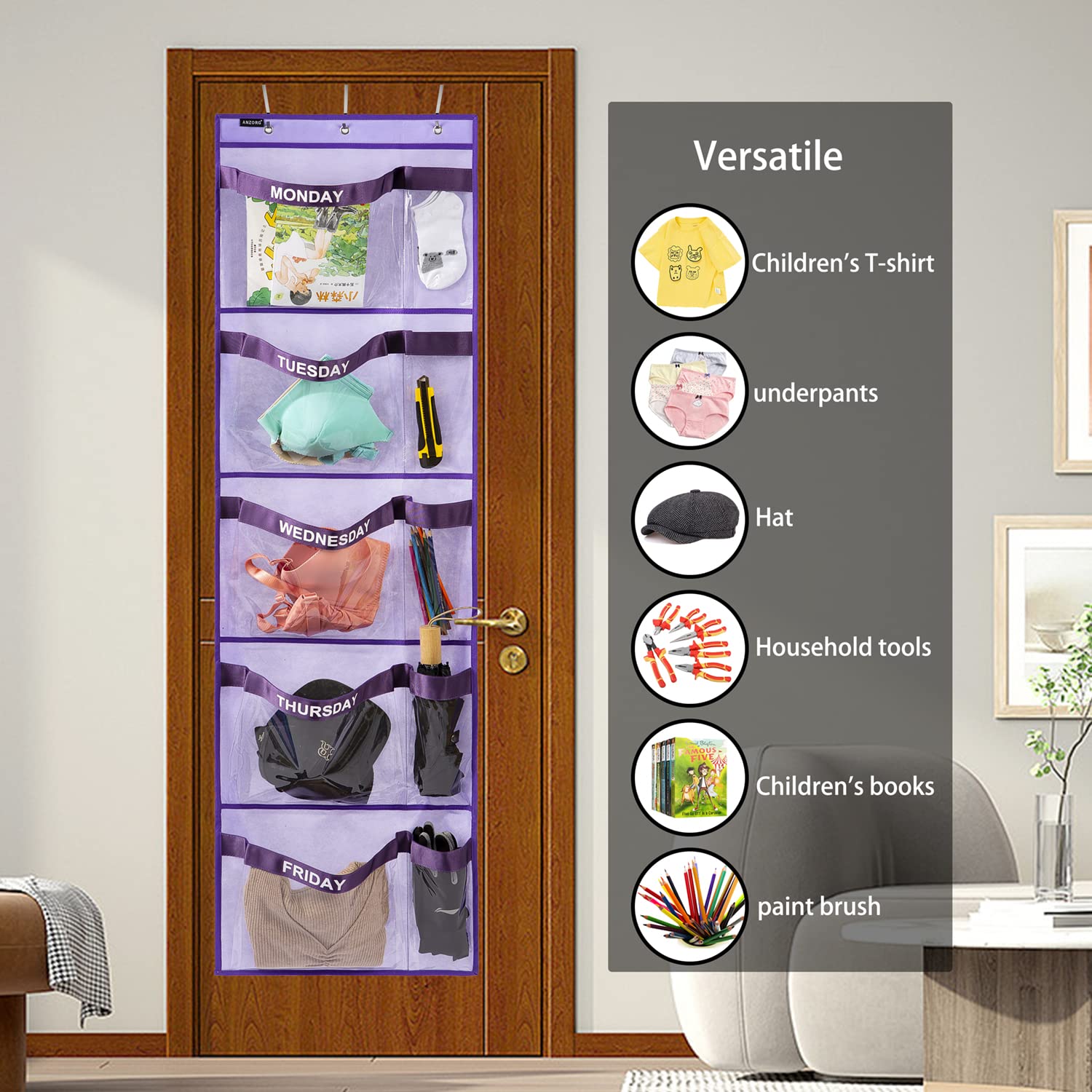 ANZORG weekly kids clothes organizer shows five large pockets for uniforms and shirts