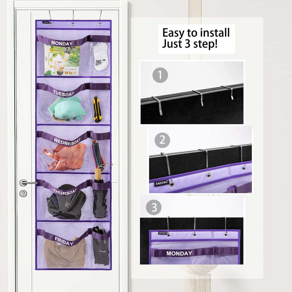 ANZORG weekly kids clothes organizer features clear PVC pockets for easy visibility