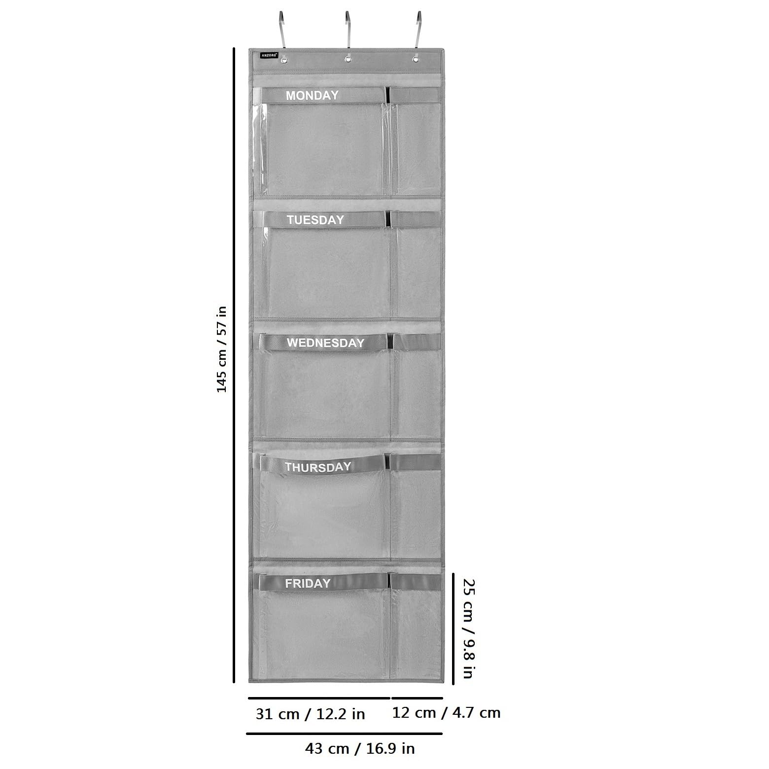 ANZORG weekly kids clothes organizer full setup demonstrates five large and five small pockets
