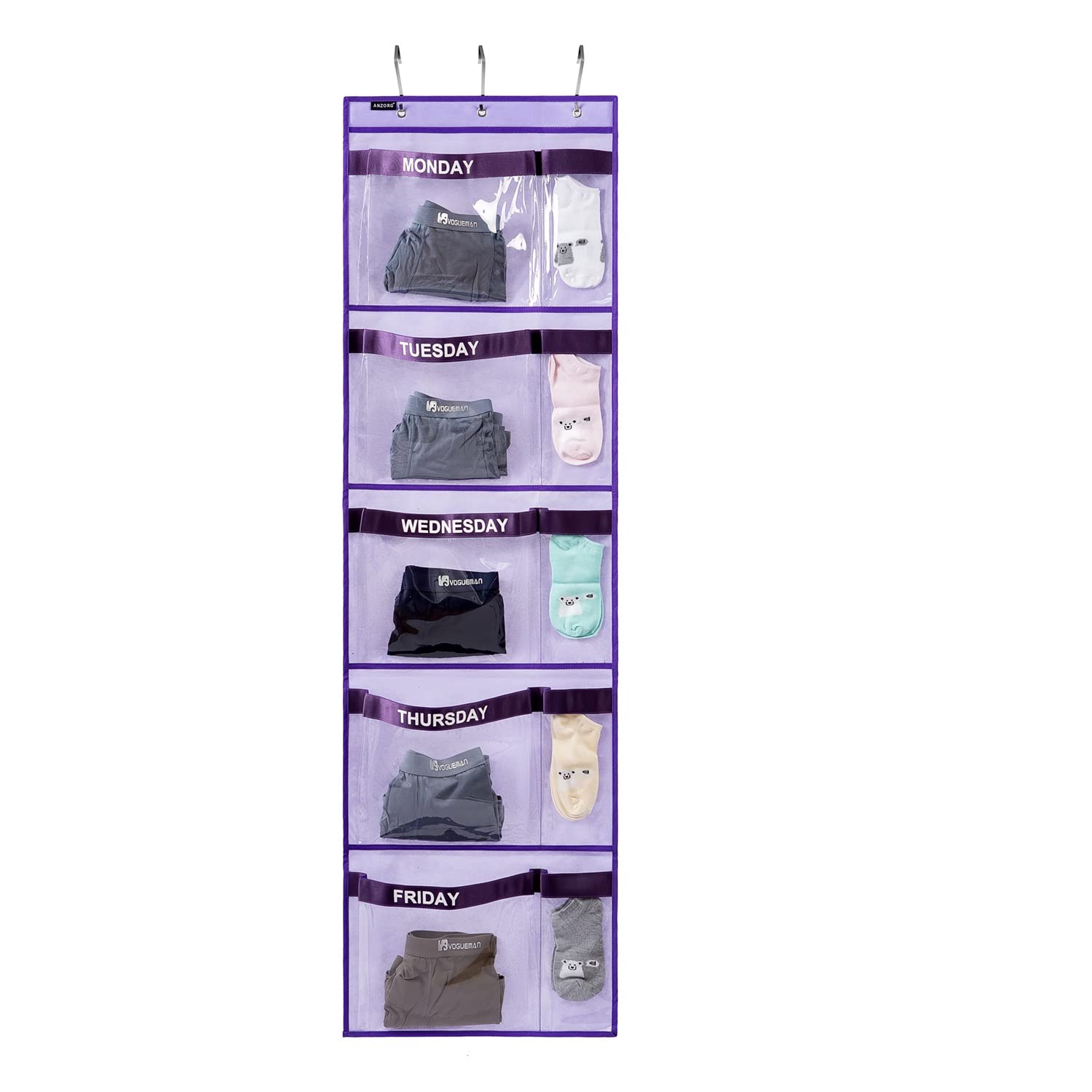 ANZORG weekly kids clothes organizer closeup with clear pockets for quick weekday outfit selection
