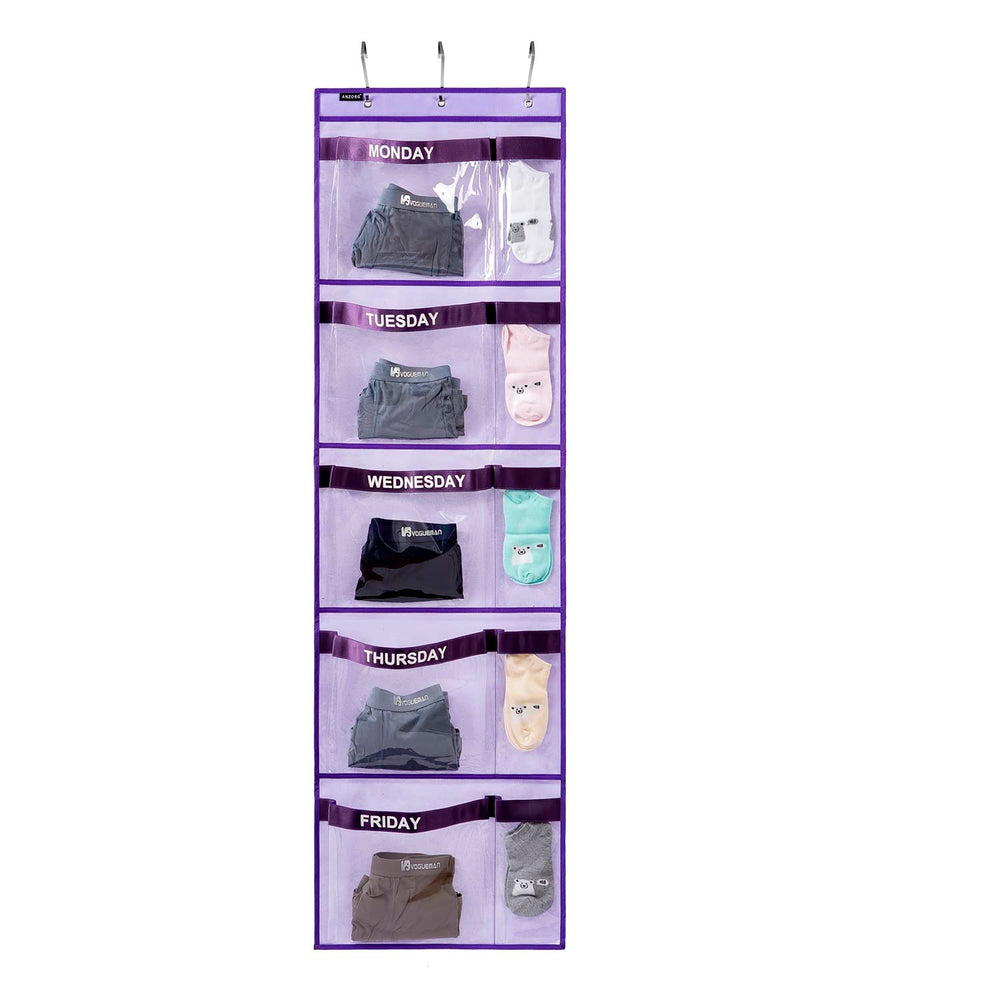 ANZORG weekly kids clothes organizer closeup with clear pockets for quick weekday outfit selection