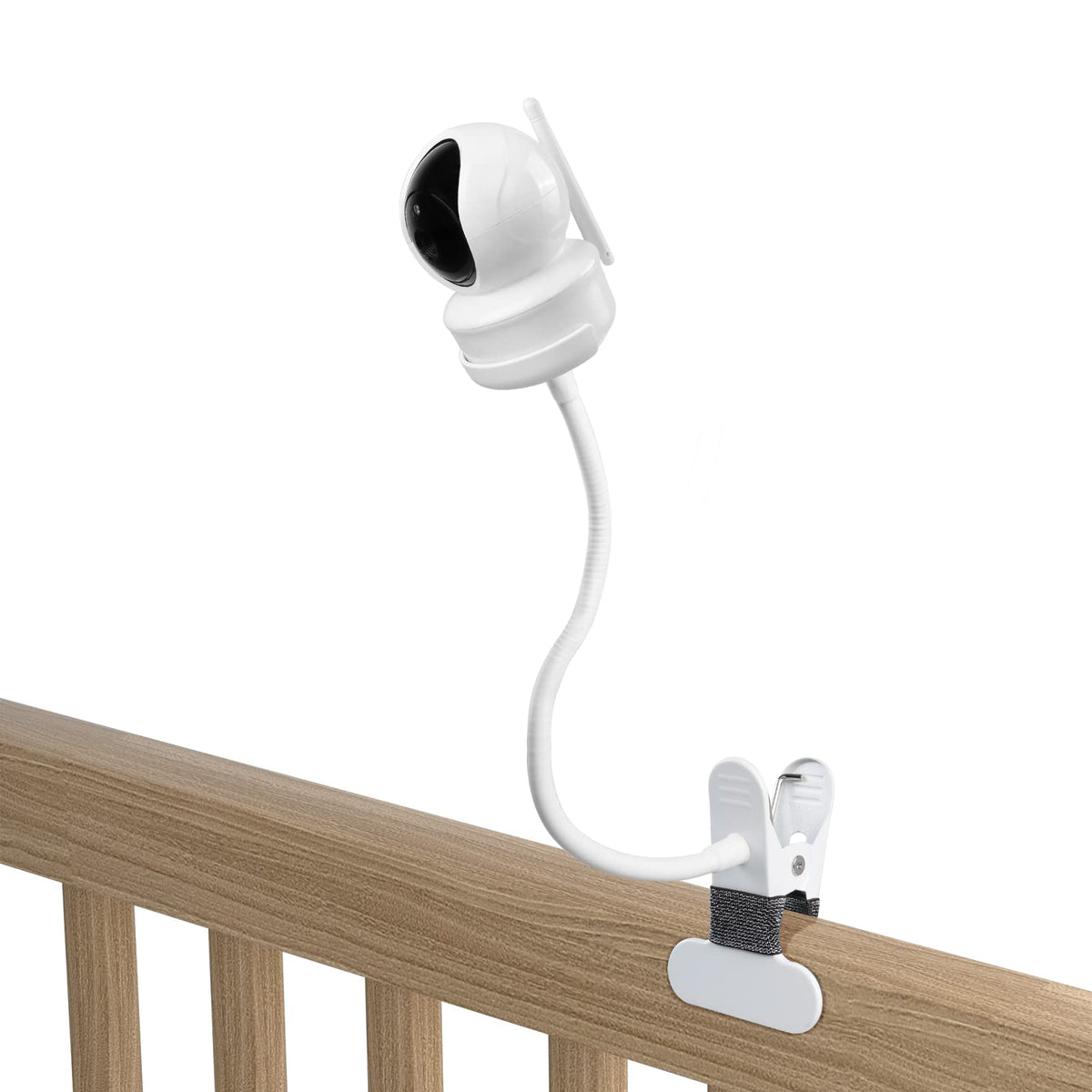 Aobelieve Flexible Camera Clamp Mount assembled, showing versatile mounting for a clear baby view.