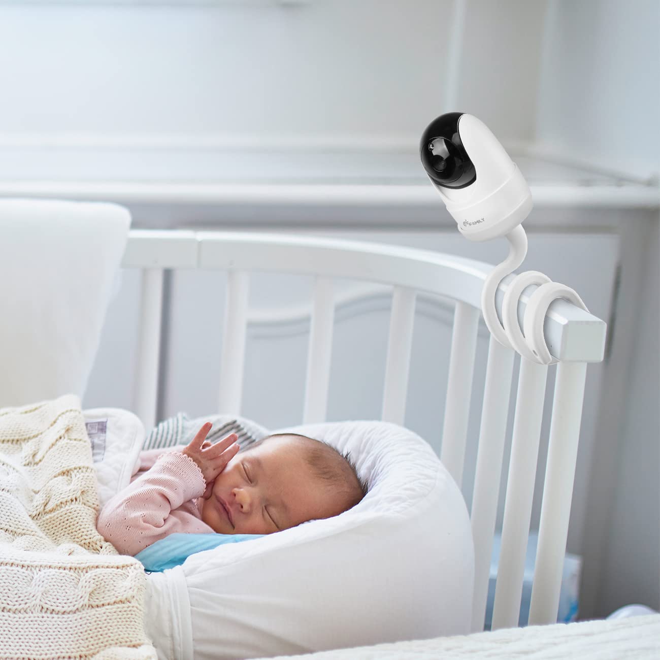 Aobelieve Flexible Mount delivers improved viewing angles over the crib and bassinet.