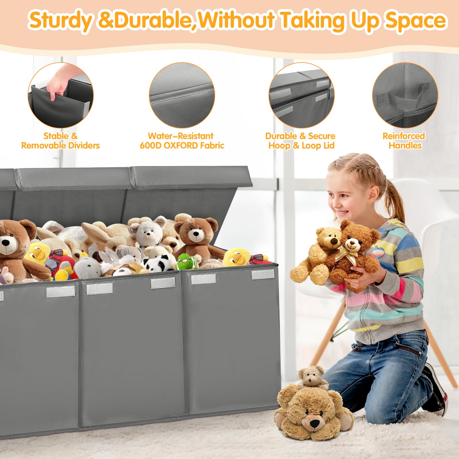 AOBOPLE toy chest folded-flat for space-saving storage when not in use.
