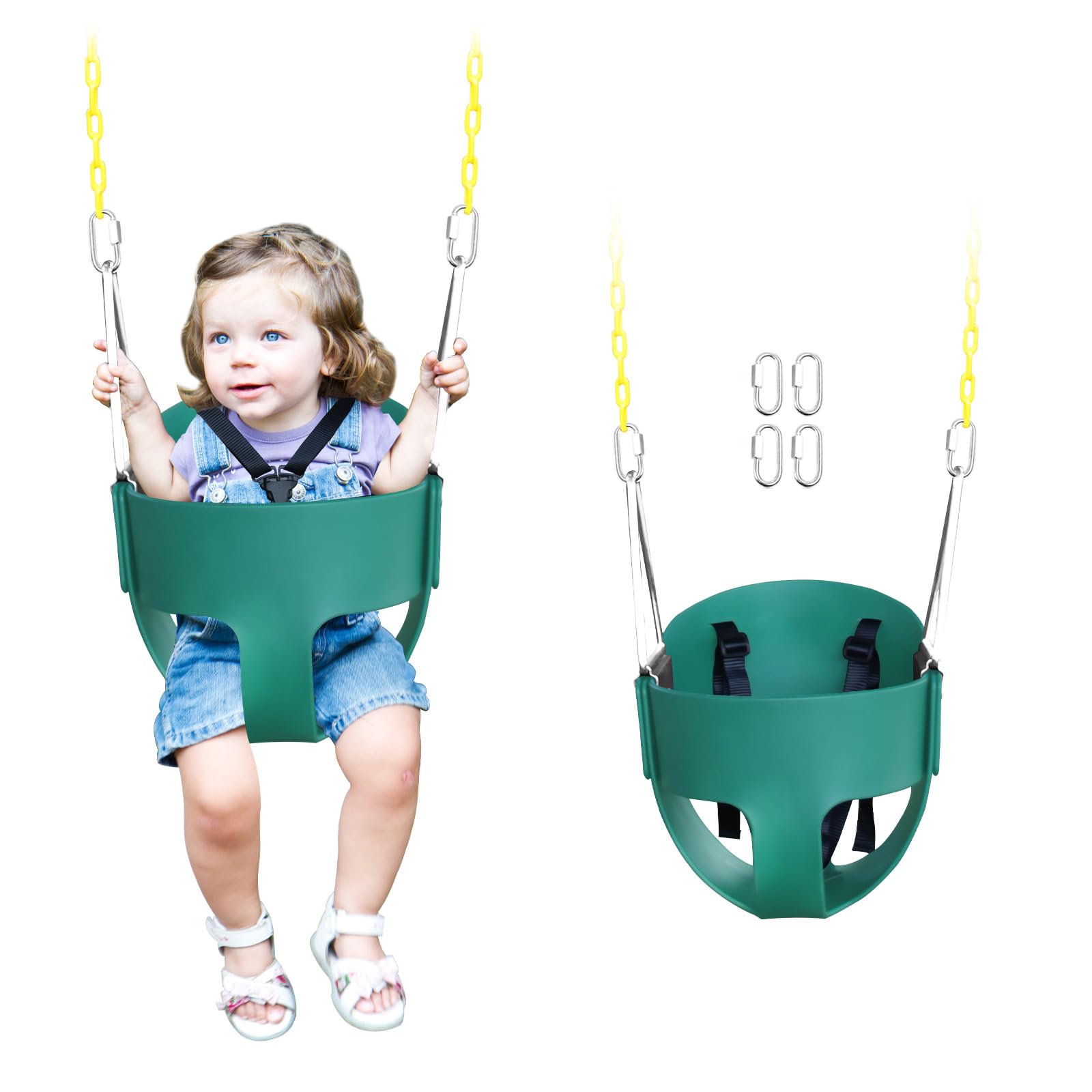 AOBOTE high-back bucket toddler swing seat in green with secure 3-point harness for safe play.