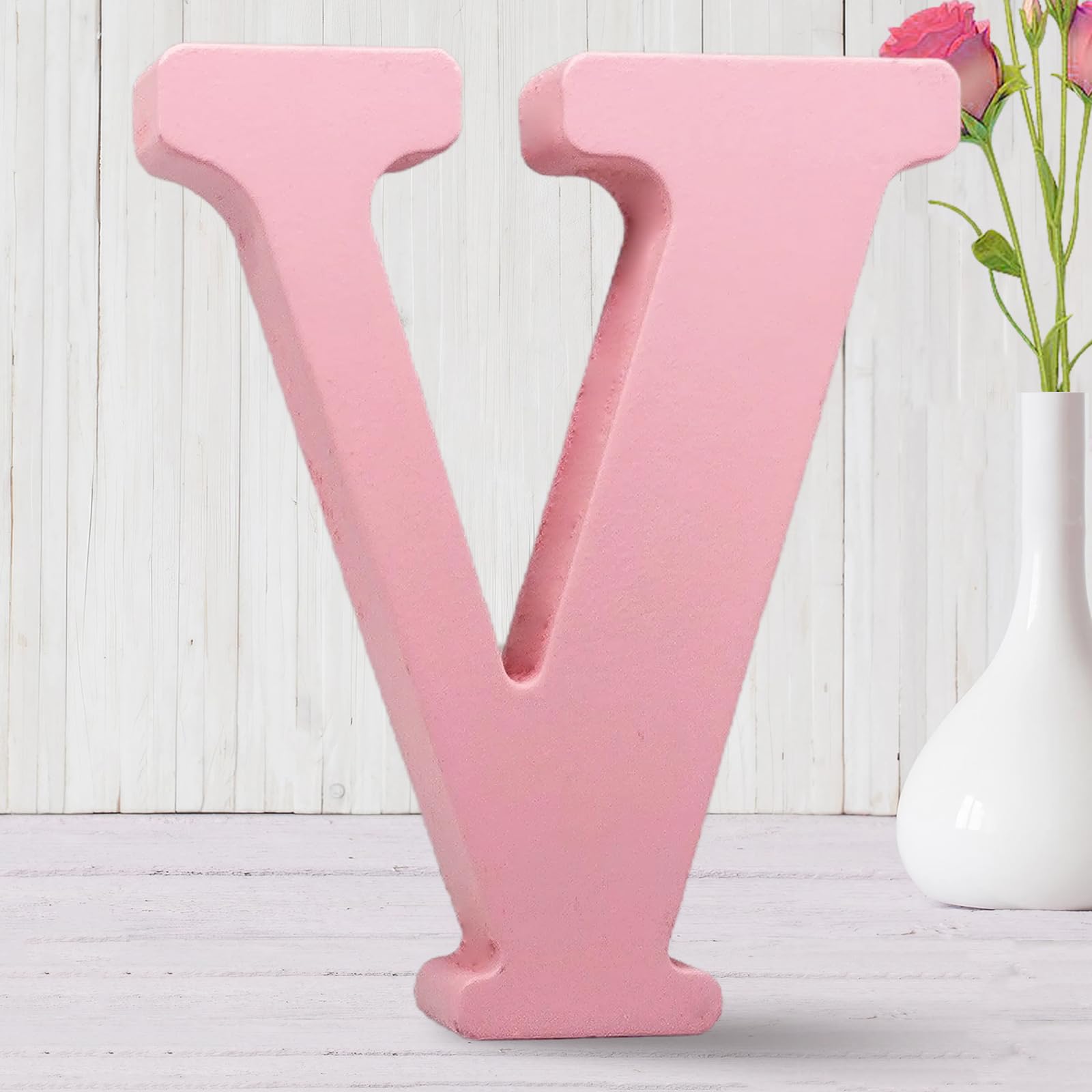 AOCEAN 8-inch pink wood letter for wall decor and desk display.