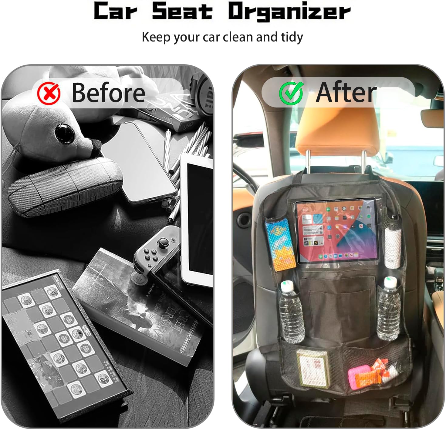 Aoeeki back-seat organizer privacy pockets keep pens, documents, and small items neatly stored.