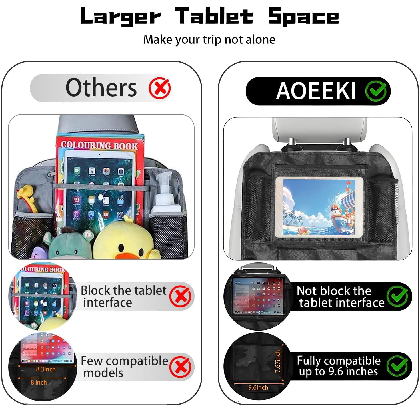 Aoeeki back-seat car organizer with water bottle pockets keeps drinks within reach on long drives.
