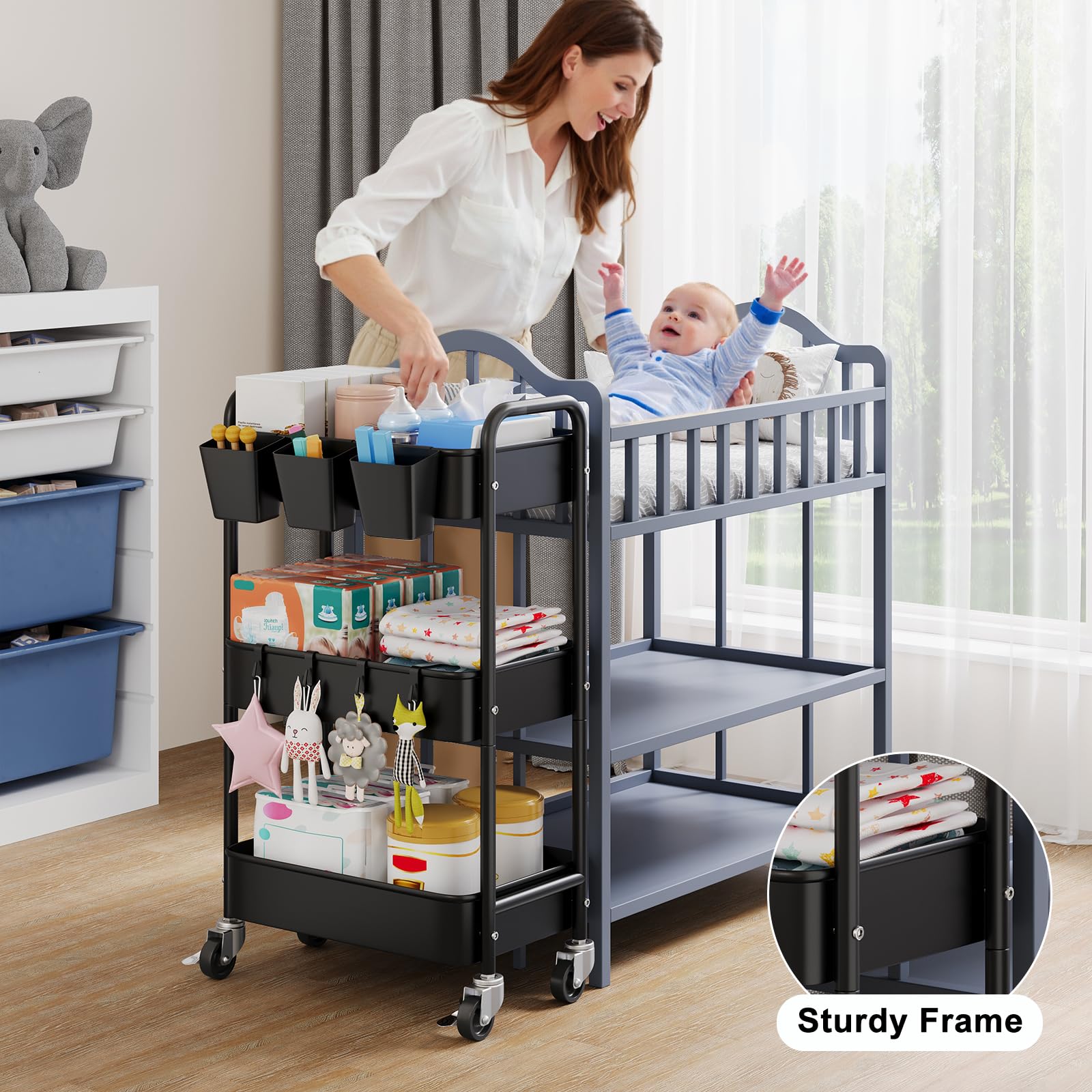 Aofure 3-tier cart assembly illustration shows quick setup for new parents.