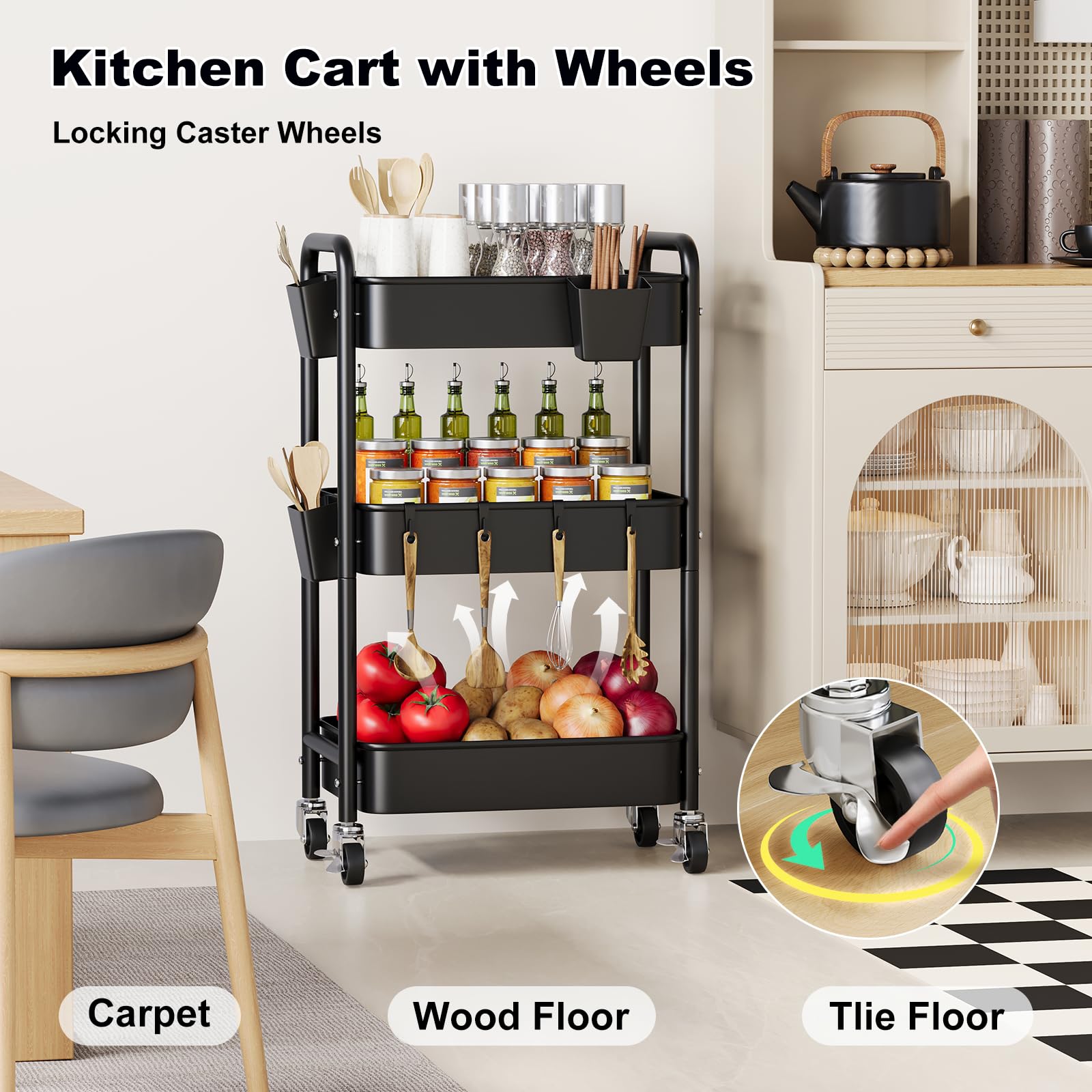 Aofure 3-tier cart black finish blends with modern nursery decor.