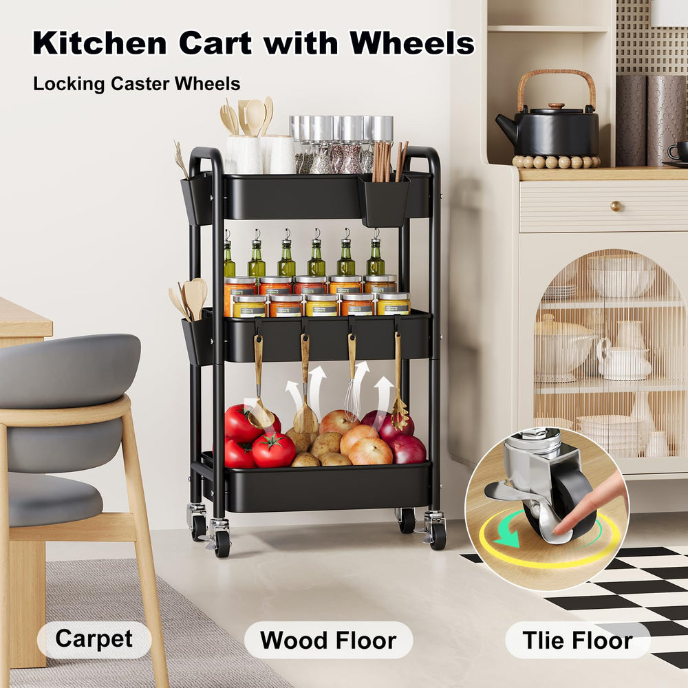 Aofure 3-tier cart black finish blends with modern nursery decor.