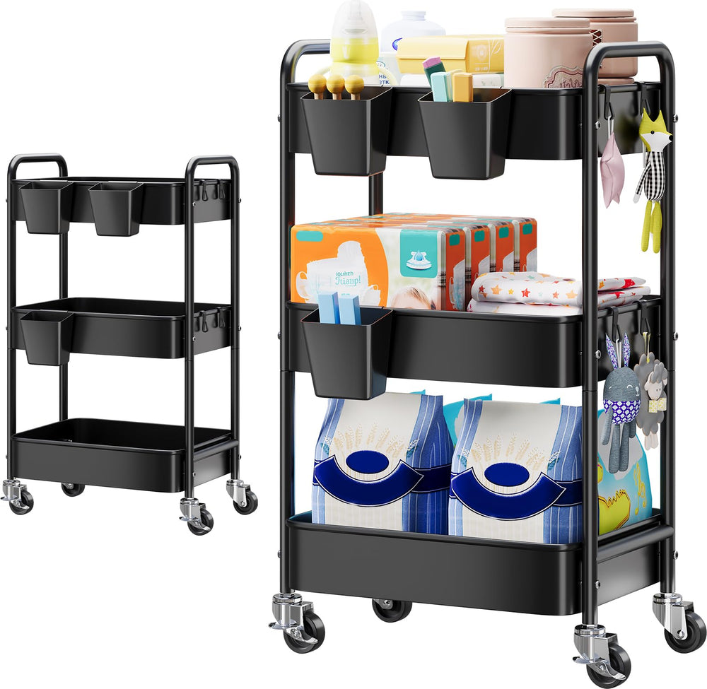 Aofure baby diaper caddy 3-tier cart front view shows organized nursery essentials at a glance.