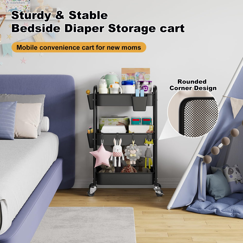 Aofure 3-tier cart storage compartments offer easy access to diapers and wipes.