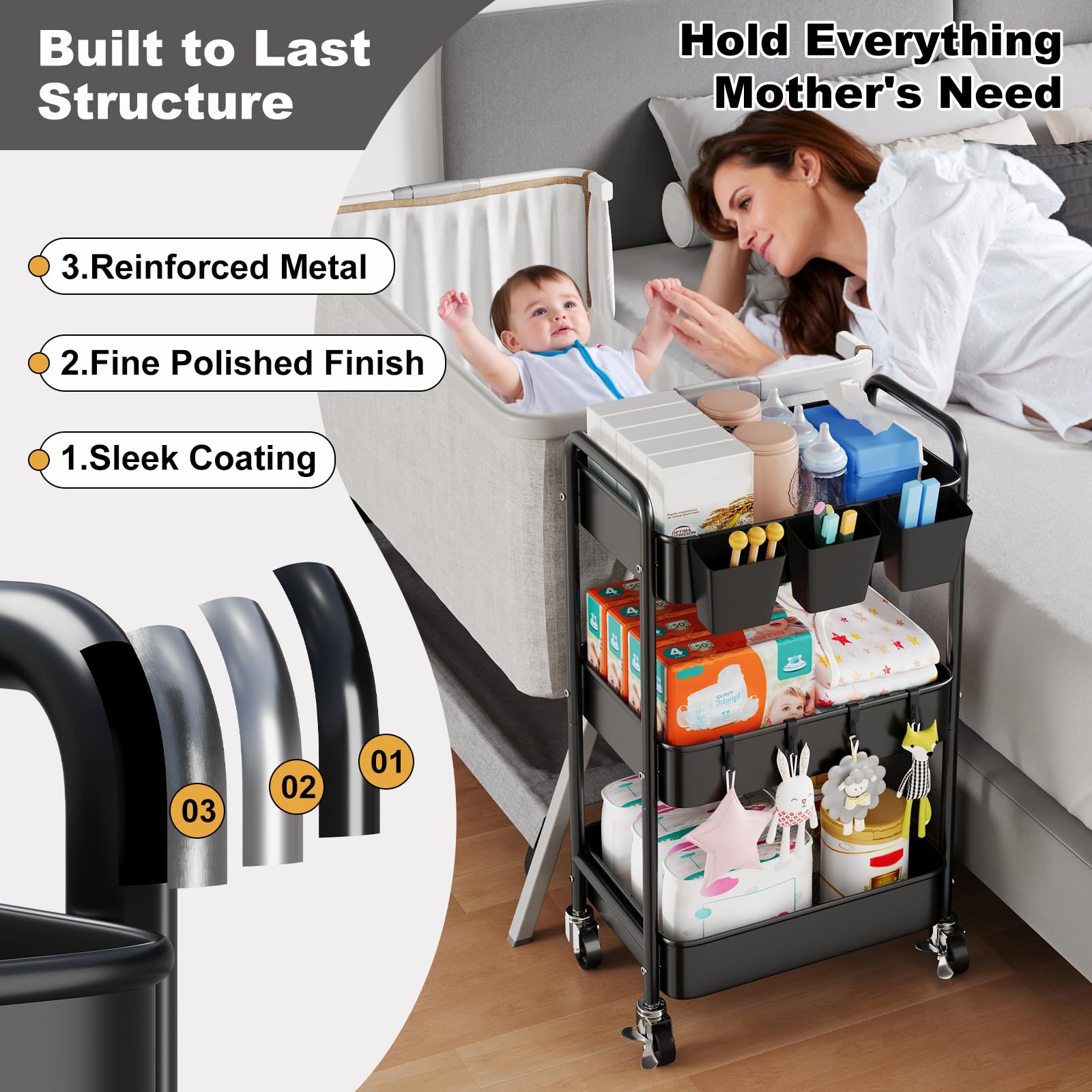 Aofure diaper caddy 3-tier cart sturdy iron frame supports daily nursery use.