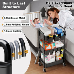 Aofure diaper caddy 3-tier cart sturdy iron frame supports daily nursery use.