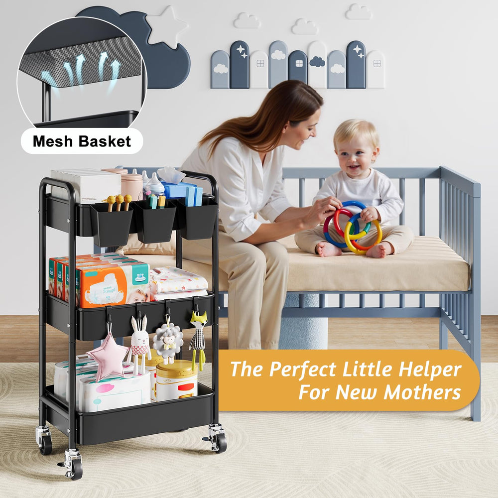 Aofure diaper caddy 3-tier cart with wheels side view enables easy relocation around nursery.