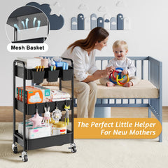 Aofure diaper caddy 3-tier cart with wheels side view enables easy relocation around nursery.