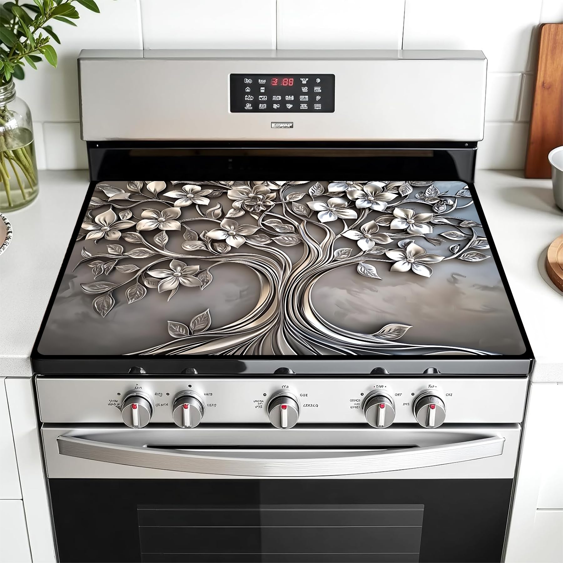 AOHMPT stove cover in geometric pattern protects glass tops from scratches and spills.