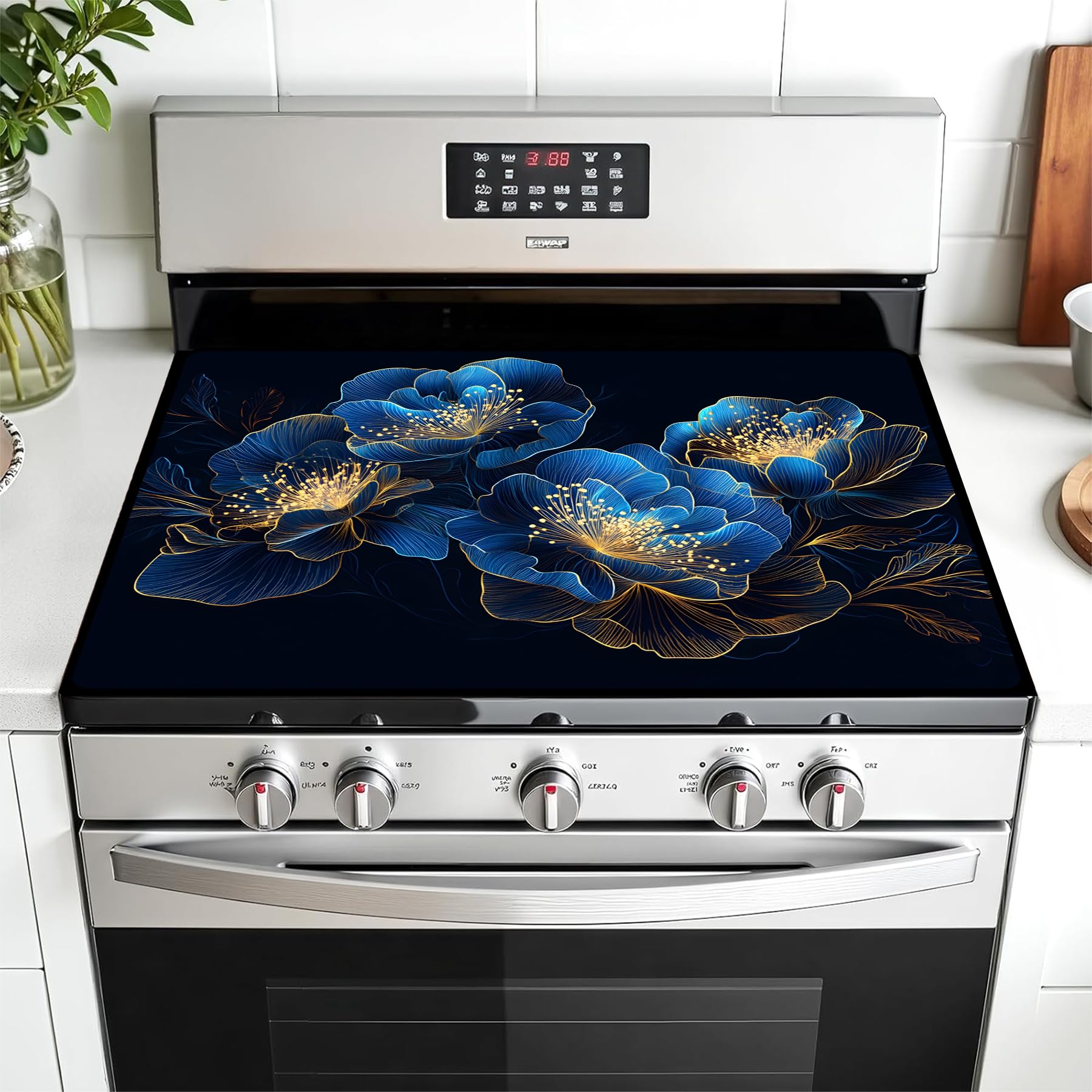 Geometric-patterned AOHMPT stove top cover protects glass stoves and countertops.