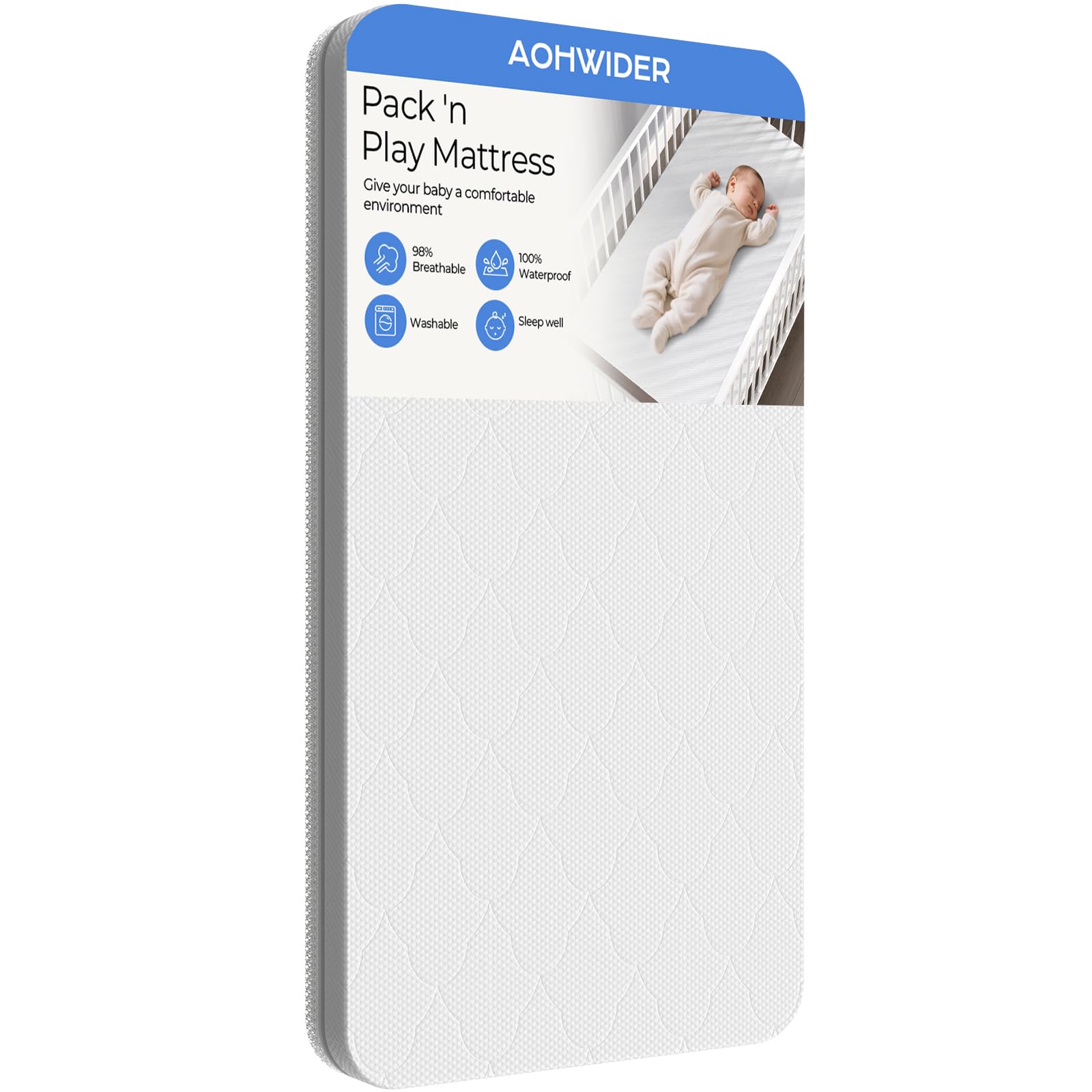AOHWIDER Pack N Play mattress side view with a snug, breathable surface.