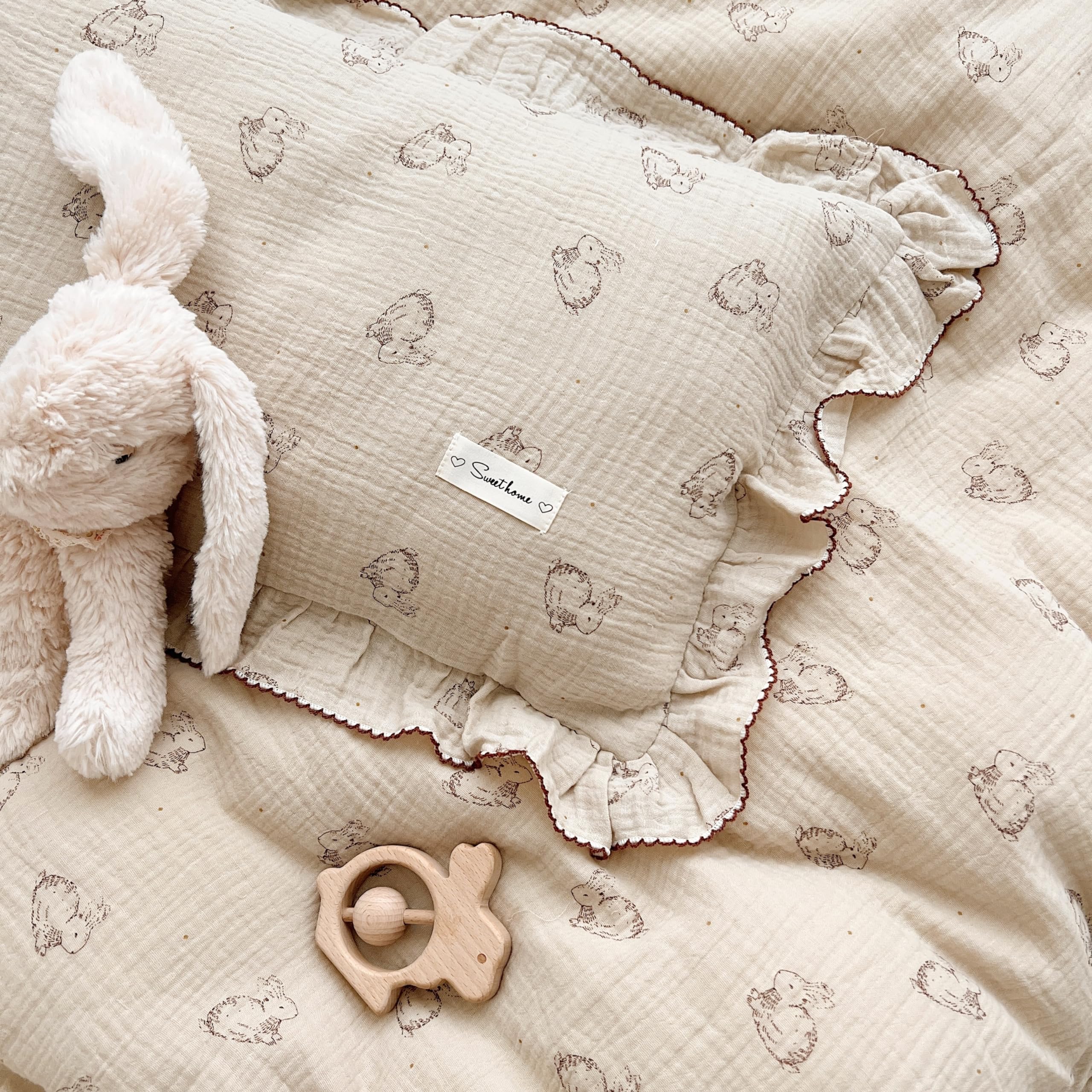 AOJIM Cute Rabbit pillowcase 14x20 size tag demonstrates perfect fit for crib or stroller.