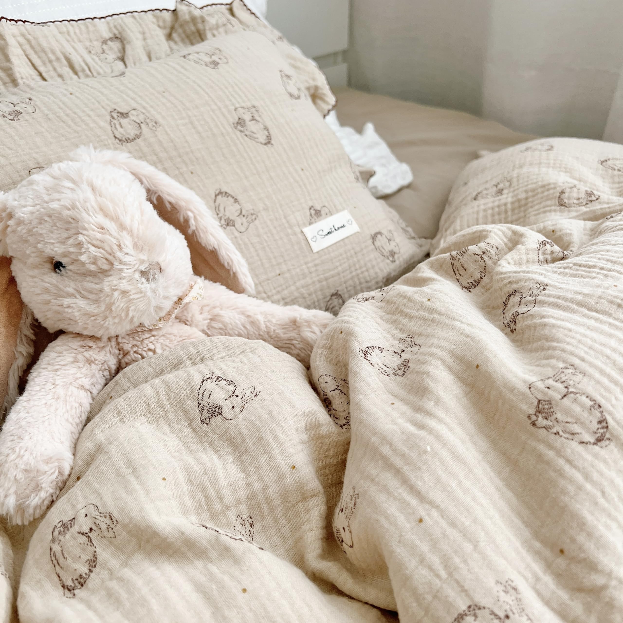AOJIM Cute Rabbit pillowcase ruffle edges add decorative charm for nursery decor.