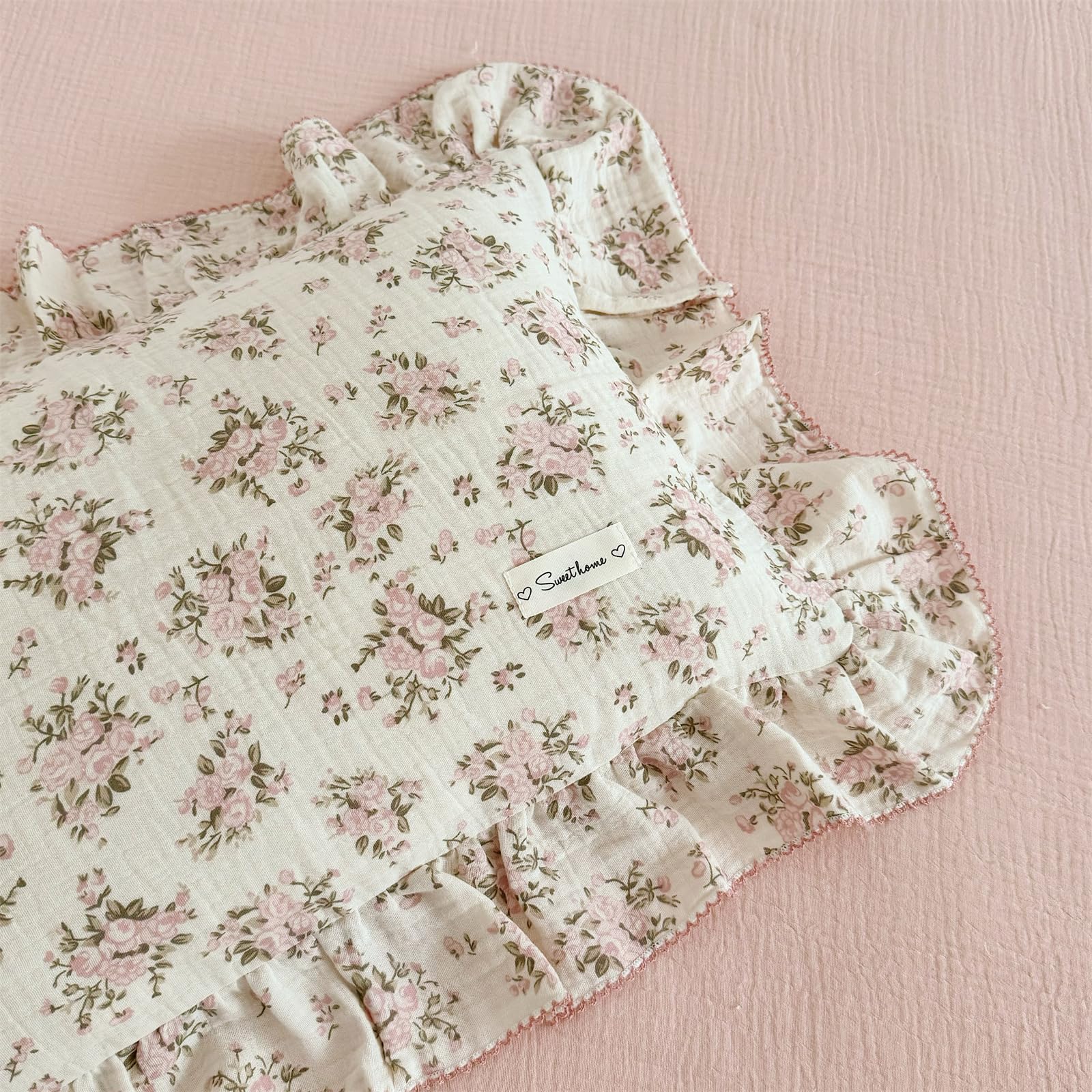 AOJIM Pink Floral Kids Pillowcase with ruffle edges enhances nursery decor